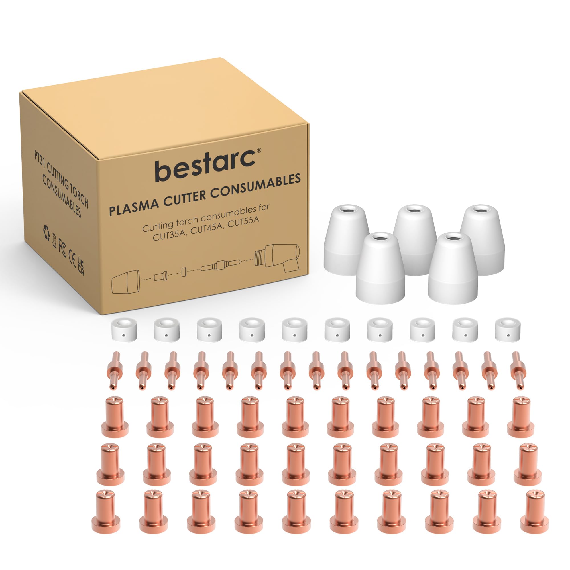 bestarc 60pcs PT31 Plasma Cutter Consumables Cutting Torch Tip Nozzles Fit for CUT55A with Plasma Cutter Torch PT31 LG40 JG40