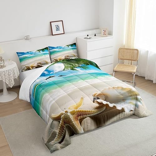 Miniatura 5 de Erosebridal Juego de edredón con temática oceánica, ropa de cama hawaiana de playa, conchas y estrellas de mar, edredón estampado de hojas de