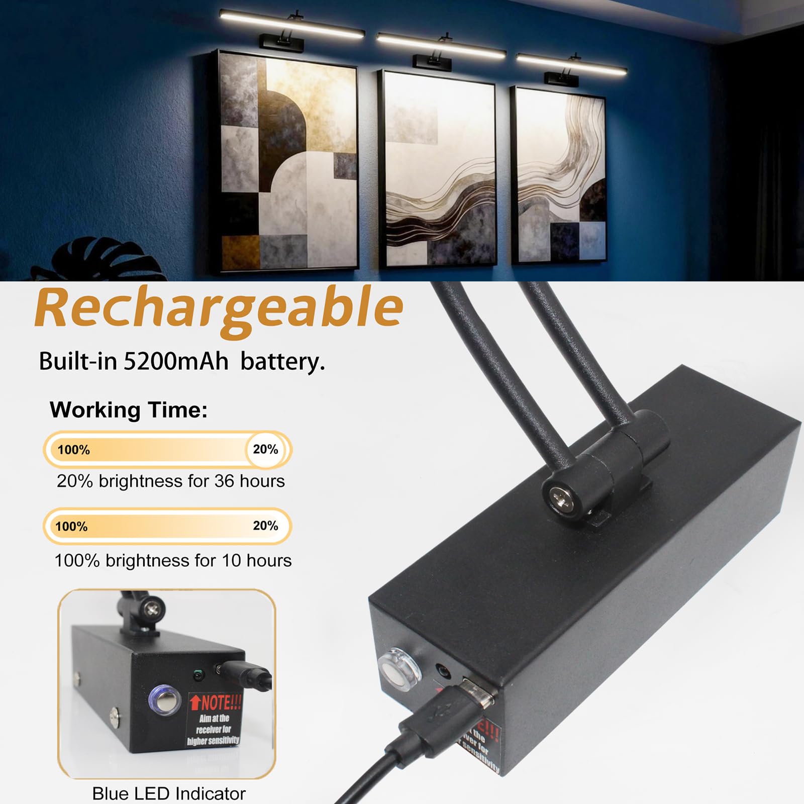 Yuichoy Confezione da 3 luci per foto da parete a batteria, illuminazione artistica wireless da 40,6 cm per pittura, 6 colori con telecomando, dimmerabile 5200 mAh, luce da galleria nera