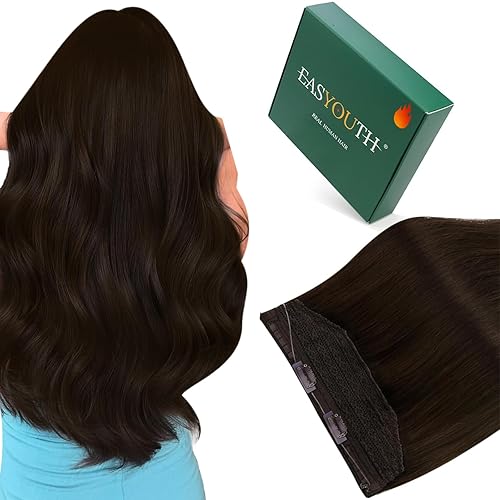 Easyouth Extensiones de cabello humano real con alambre color marrón oscuro, extensiones de cabello humano real, color marrón oscuro #2, extensiones