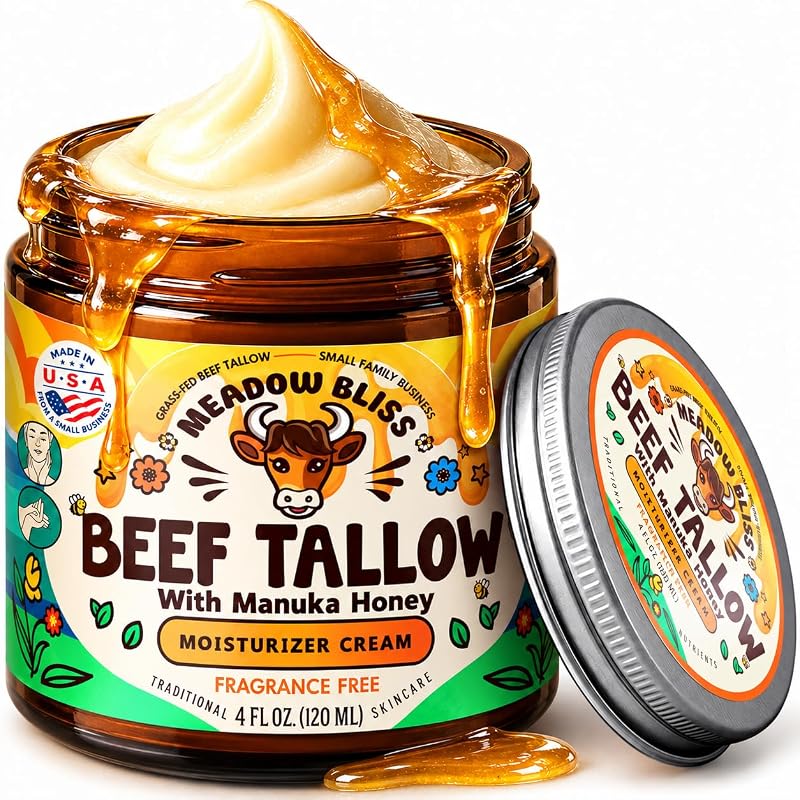 Meadow Bliss Manteiga corporal com sebo bovino batido, mel de Manuka, óleo de jojoba e manteiga de karité, sem fragrância, 113 g