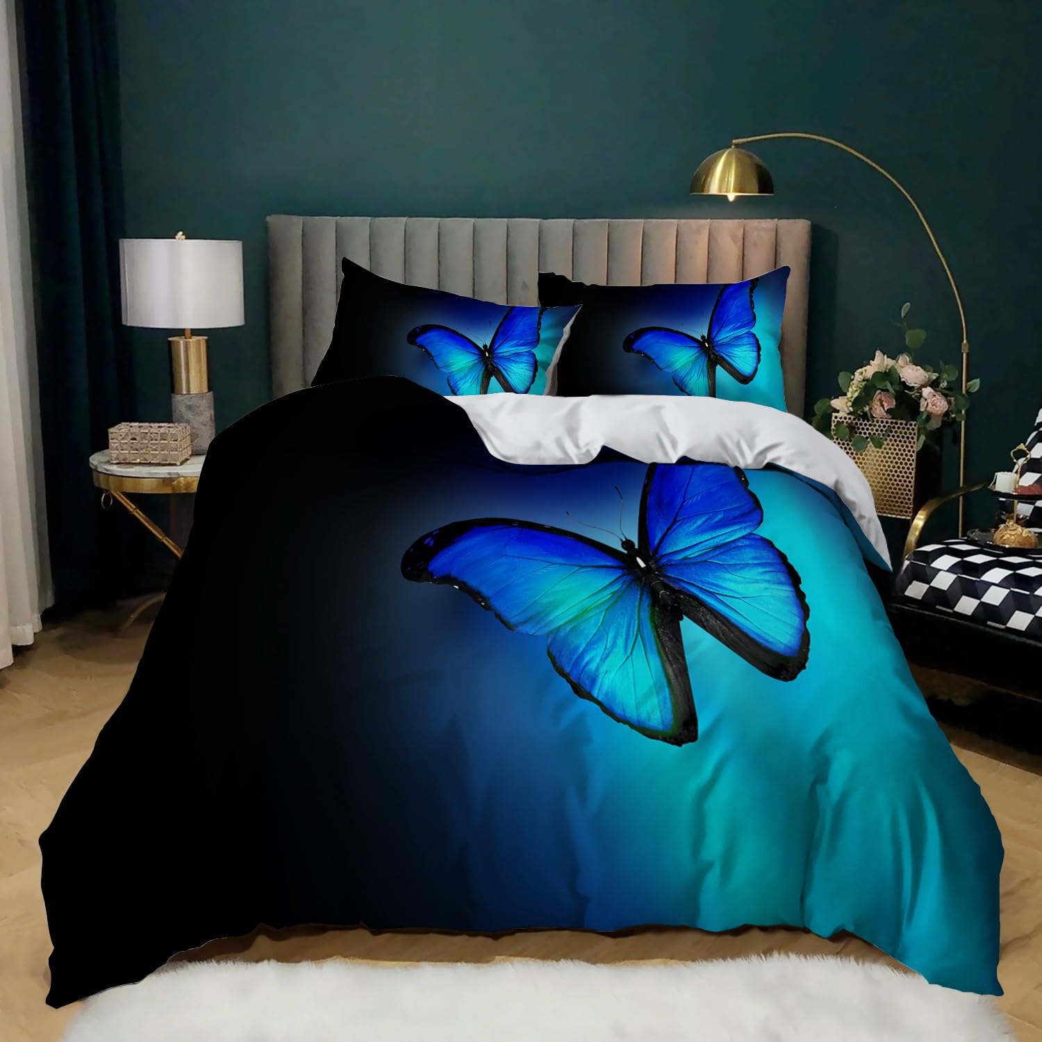 Housse de couette 220x240 cm imprimé papillon bleu et parure de lit 2 personnes
