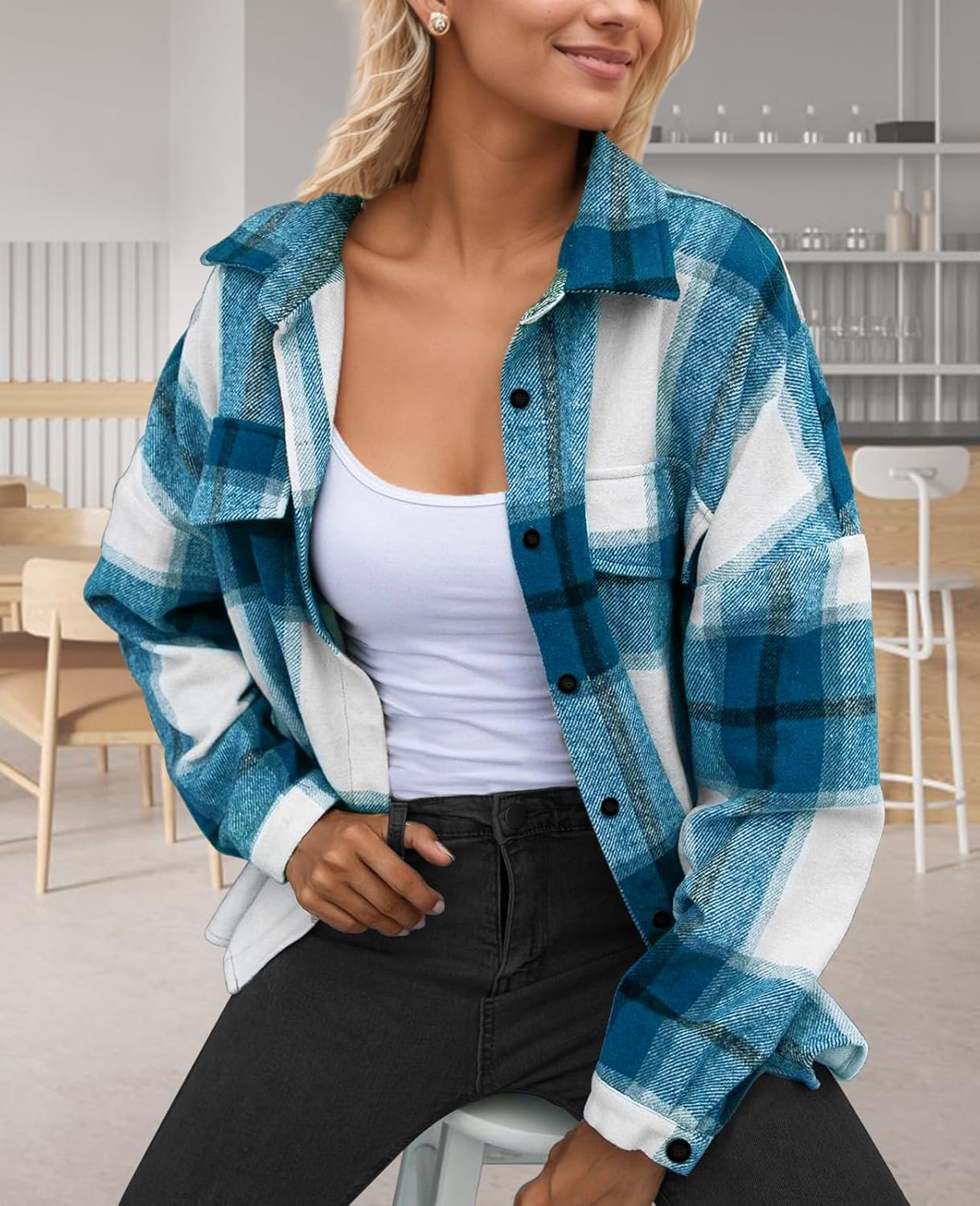 SHEJIZE Women's Casual Shacket Jacket Plaid Shirts Flannel Blouses Button-Down Shirts - Image 3
