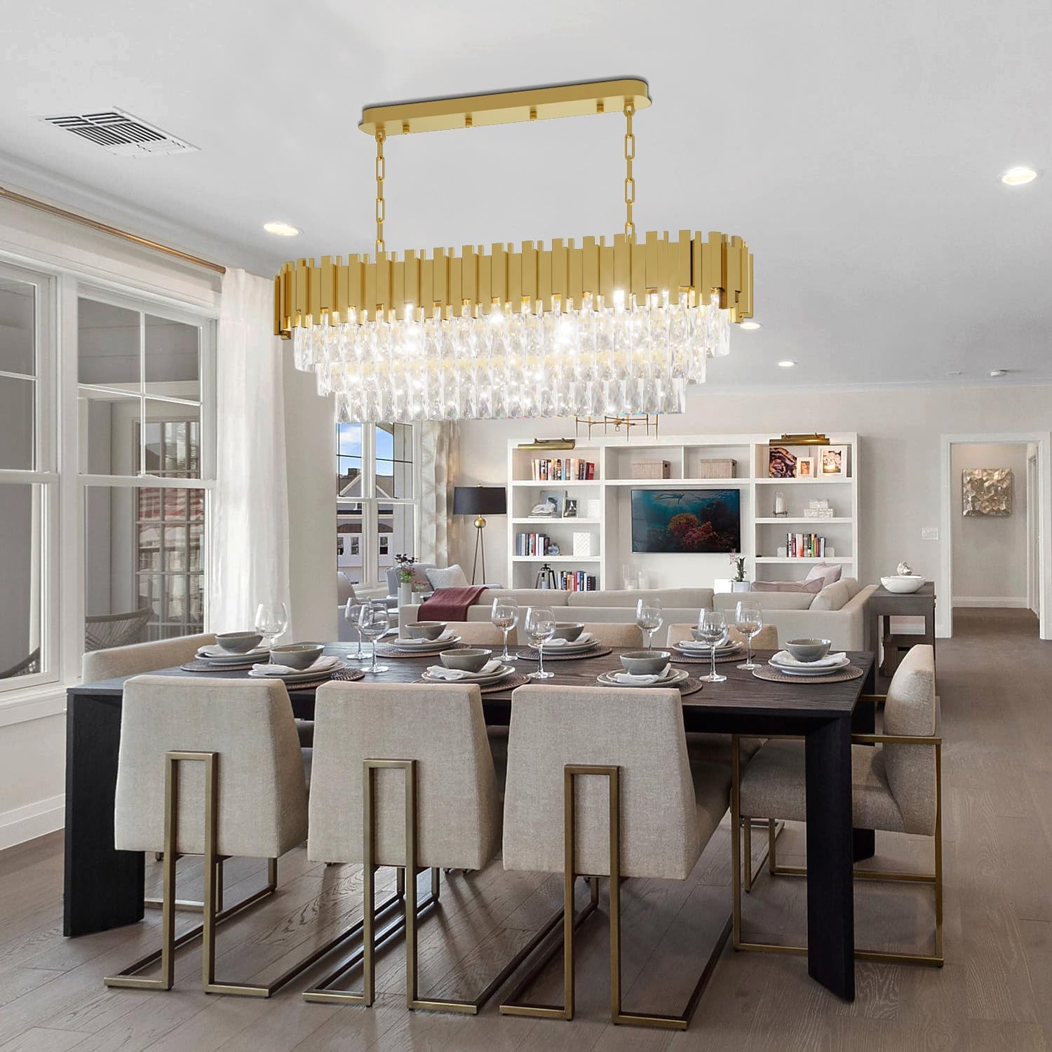 40'' L Modern Crystal Chandeliers for Dining Room 10 Lights Gold Chandelier Large Luxury Rectangular Crystal Chandelier Pendant Light Fixture, Kitchen Island,Entryway,Living Room