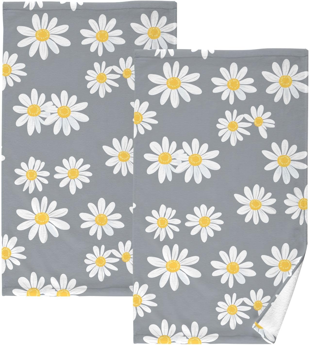 ALAZA Bath Towels Set of 2 Hand Towels for Bathroom 100% Cotton Daisy Gray Absorbent Soft 16×28 inch Decorative