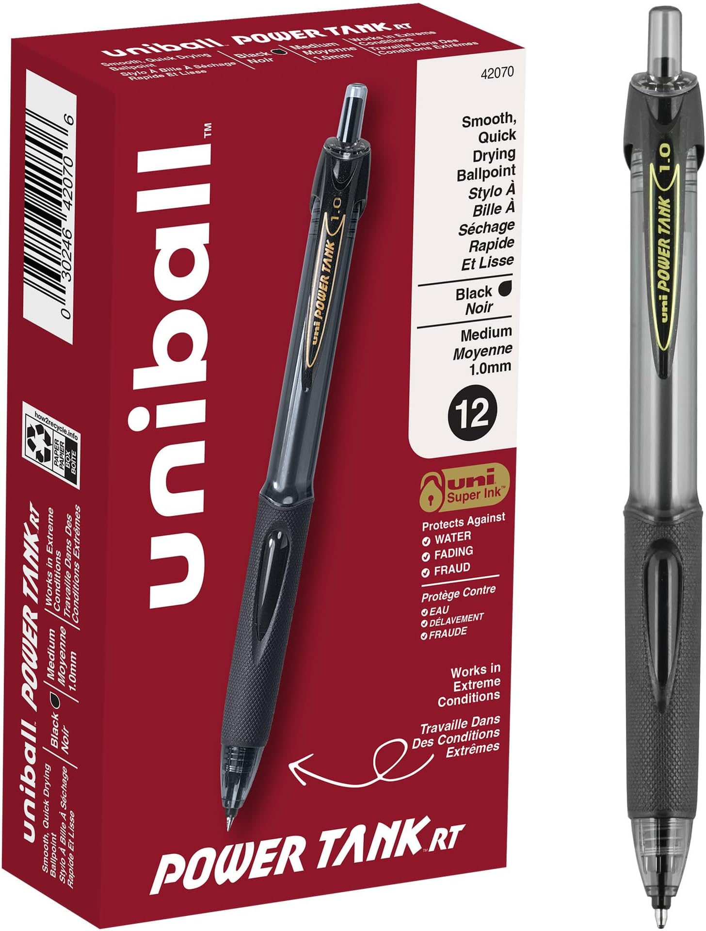 PowerTank RT Black Pens - Bold 1.0mm, 12 Pack, Retractable, Smooth Writing, Office Supplies
