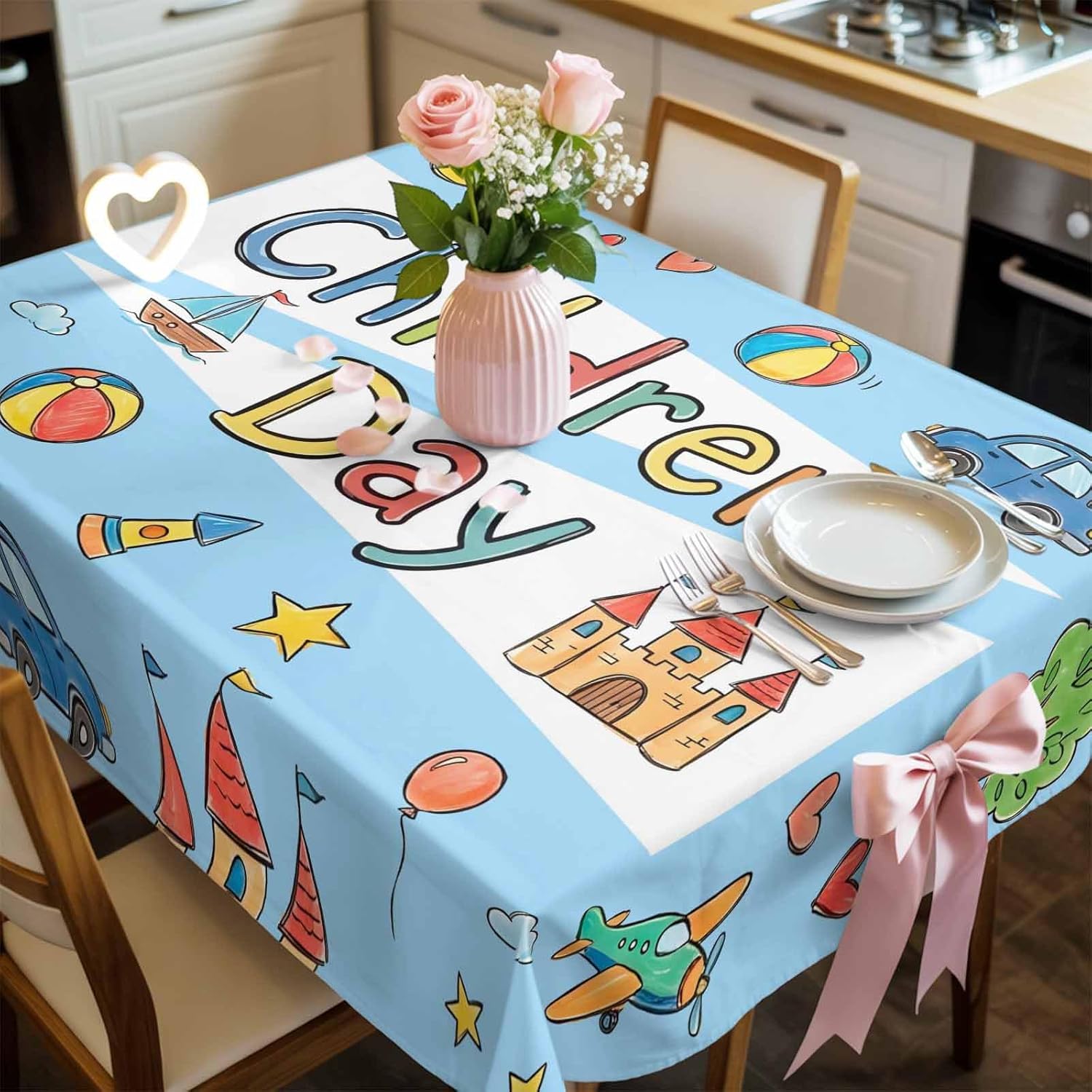 Children's Day Waterproof Table Cloth Cartoon Sun Airplane Castle Kite Boat Truck Balloon Blue Waterproof & Wrinkle Table Cover, Washable Polyester Soft Fabric Table Cloth for Outdoor Indoor Parties