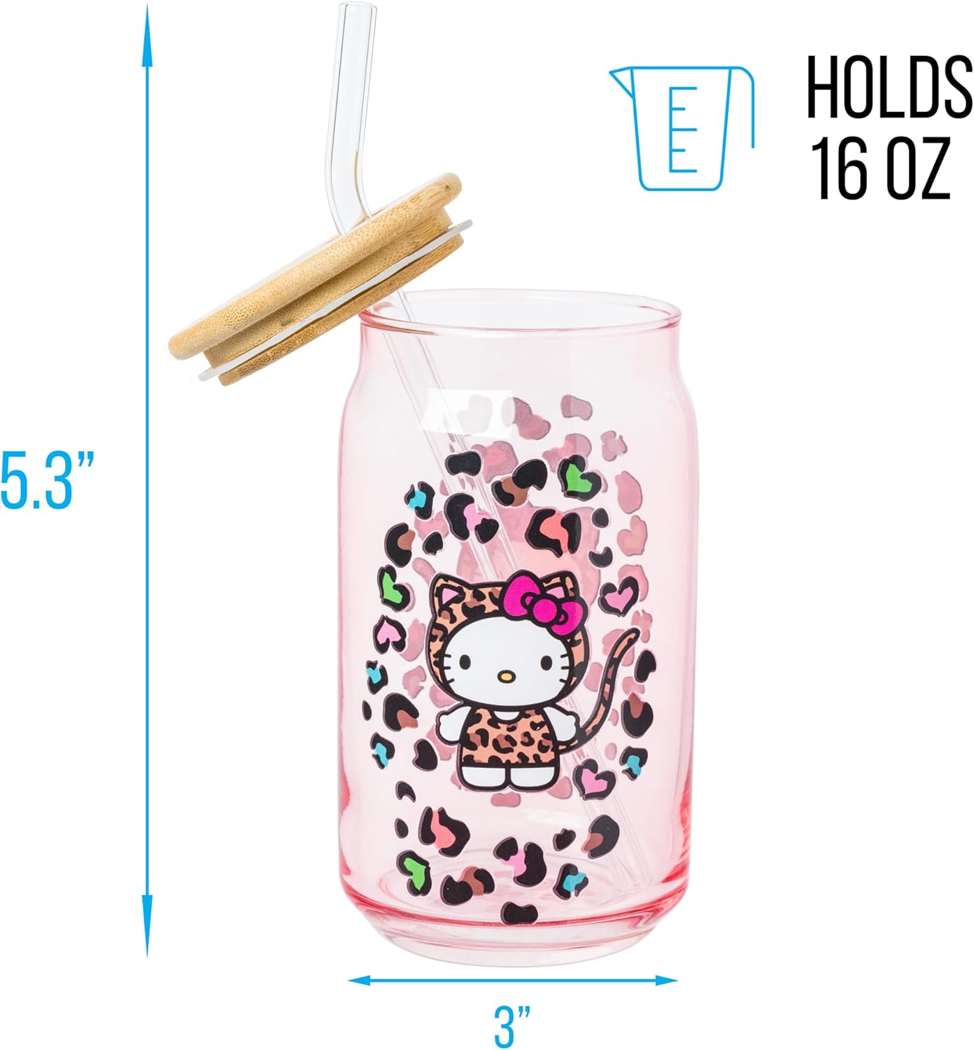 Silver Buffalo Sanrio Hello Kitty in Leopard Print Outfit and Leopard Cat Print Pattern Pink Glass Jar Tumbler with Bamboo Lid and Glass Straw, 16 Ounces - Image 2