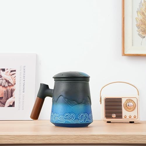 Vista 2 de ZENS Taza de té con infusor y tapa para remojar hojas sueltas, taza infusor de té de cerámica en relieve de 16.9 onzas, difusor de té con mango