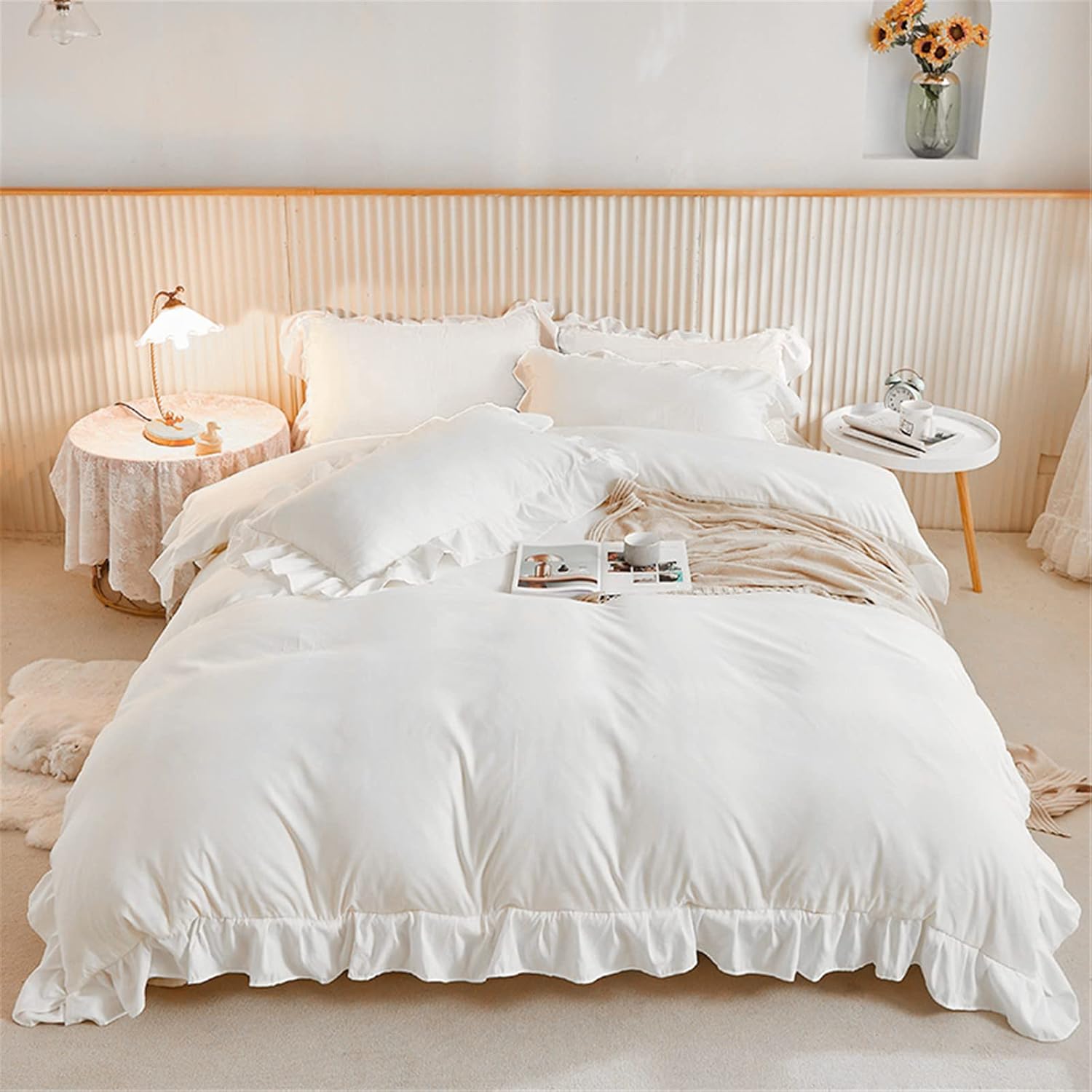 3 Pieces White Ruffle Bedding Set with 2 Pillowcase Frills Duvet Cover