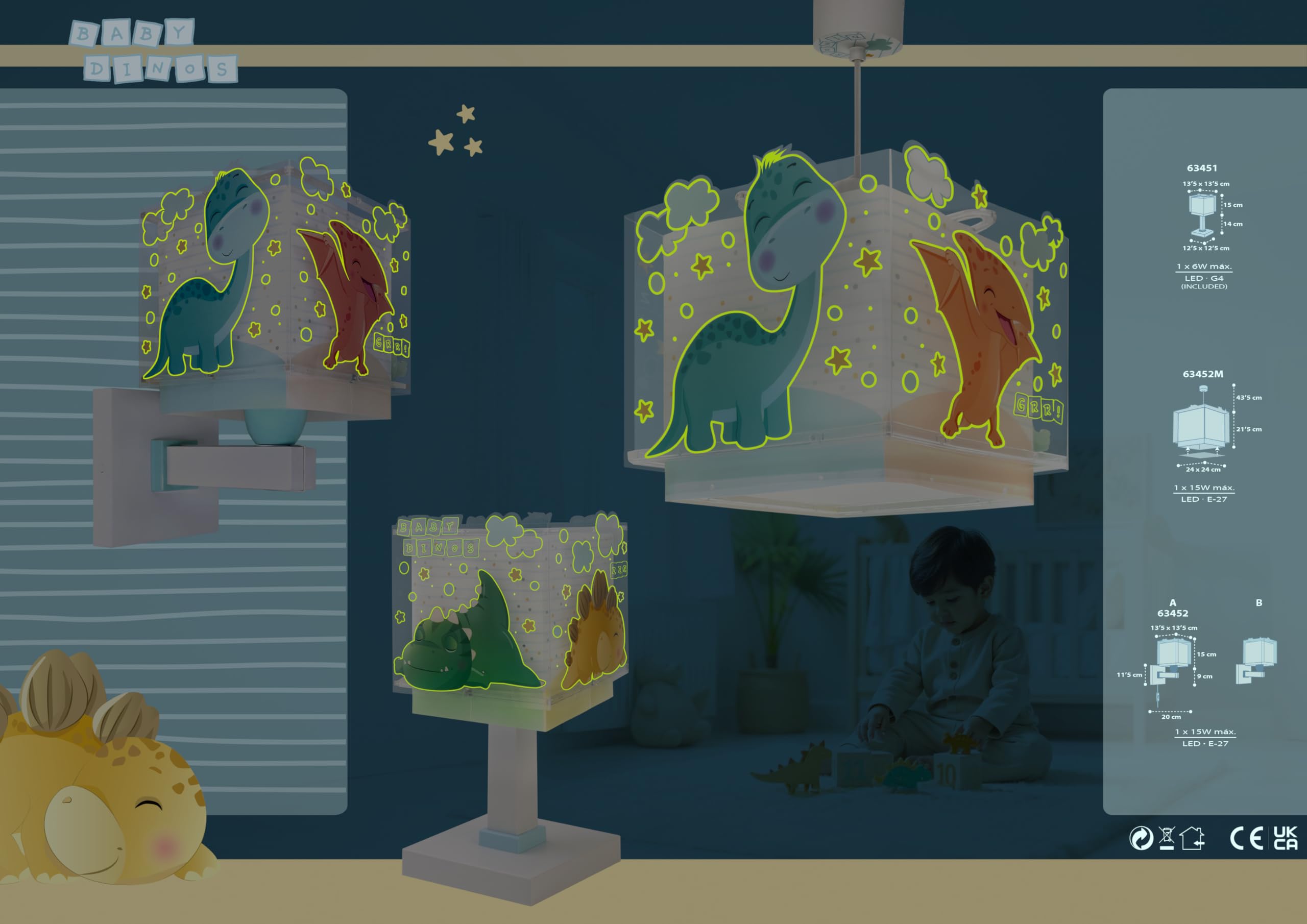 Dalber Lámpara Infantil de Mesilla Baby Dinos Dinosaurios 63451 G4 | Lámpara infantil de mesa o mesita; G4 4W LED - Bombilla incluida; Luz Quitamiedos