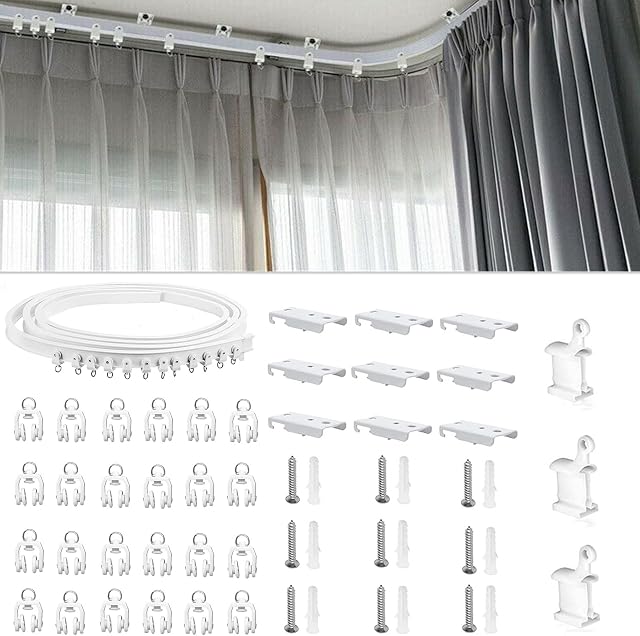 TOPWA 3 Meter Flexible Plastic PVC Curtain Track Runner Rail Wall Ceiling Mounted Fixing Hooks Shower Curtains Room Divider with Instruction Mounting Accessories Include White (Top clamping)