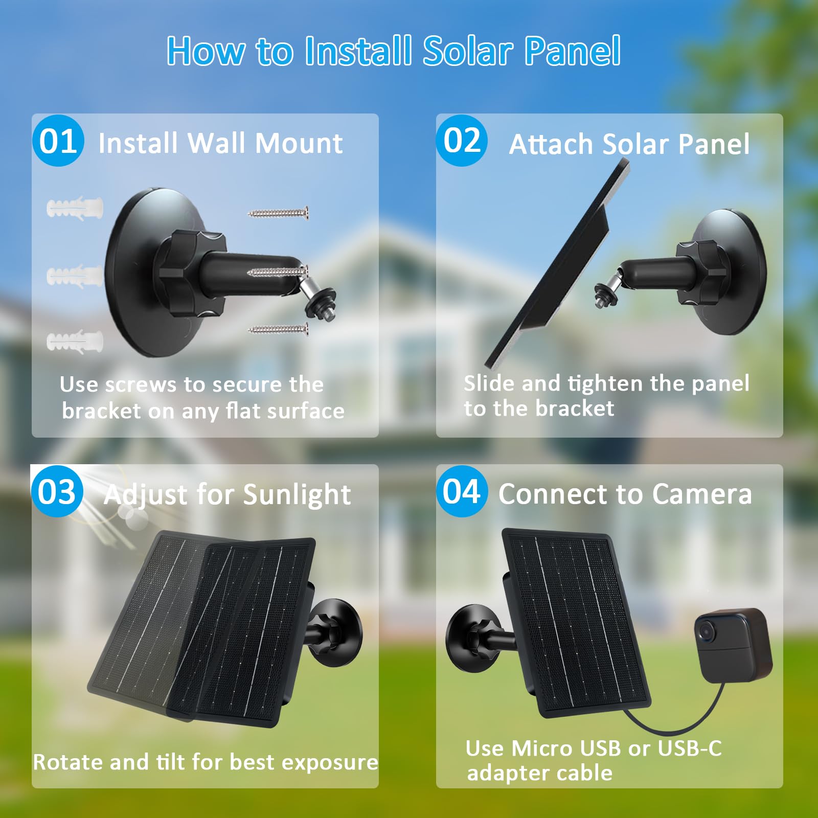 Caricatore a pannello solare da 4 W per fotocamera Blink Outdoor 4/3/XT2/XT, caricabatterie solare ad alta efficienza con adattatore USB-C e micro USB, impermeabile IP66, supporto regolabile a