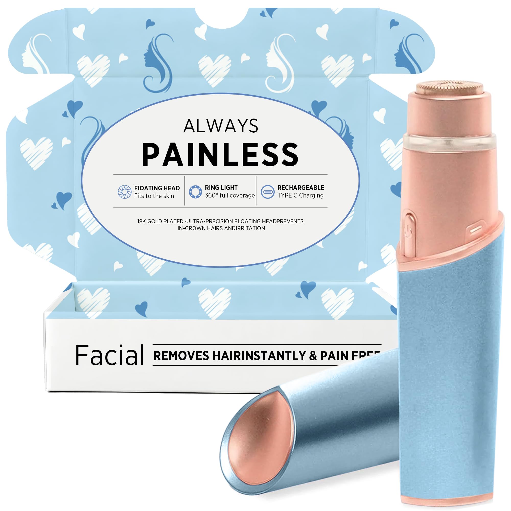 Facial Hair Removal for Women: Electric Hair Removal Device - Rechargeable Painless Face Razor for Chin Upper Lip Peach Fuzz with Light Gifts for Women(Blue Gold)