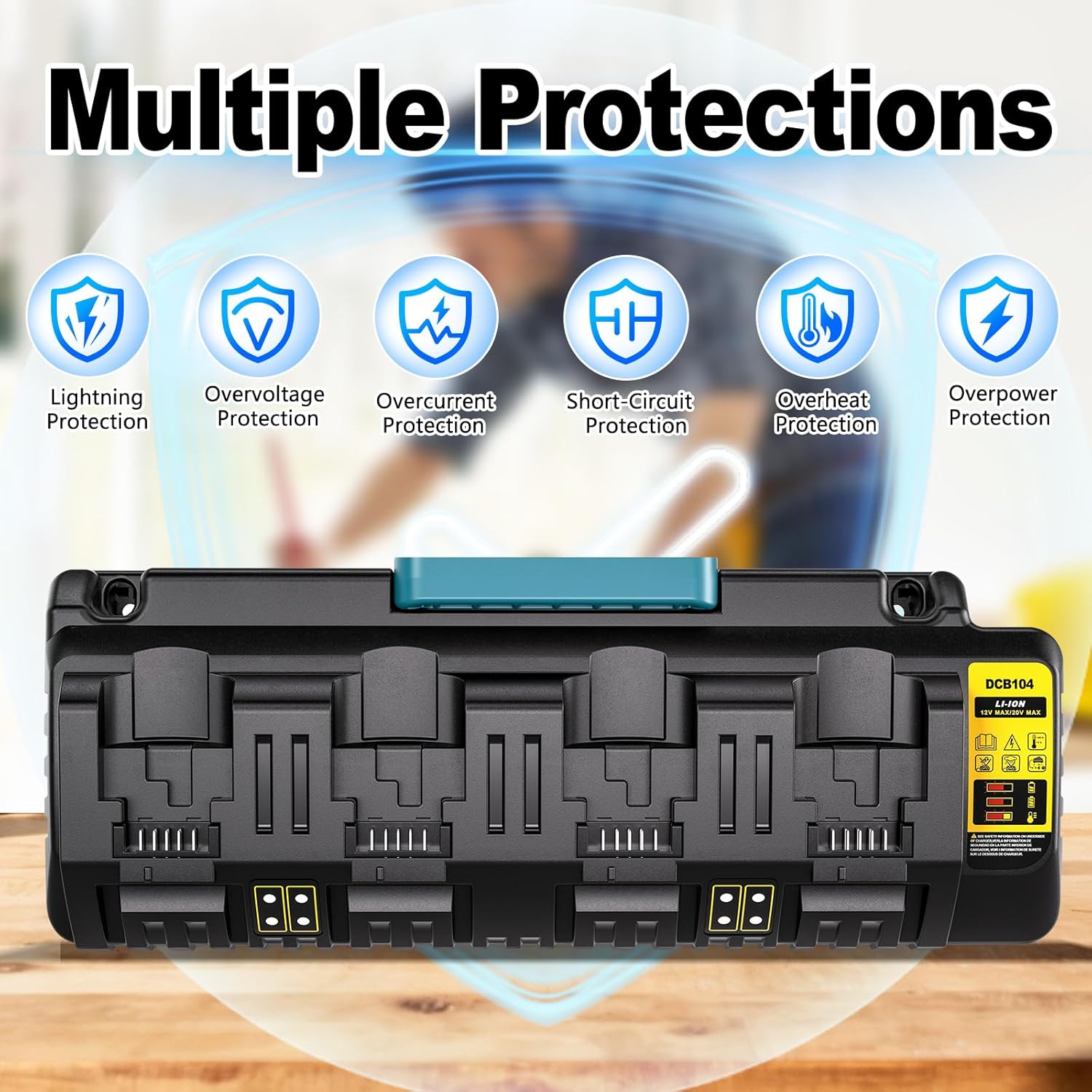 4 Port Fast Charger Station Compatible with Dewalt 12V MAX, 20V MAX, and FLEXVOLT 20V/60V MAX Battery, 12 Amp (3A Each), Multiple Battery Rapid Charger Station with 2 USB Ports Outputs - Image 5