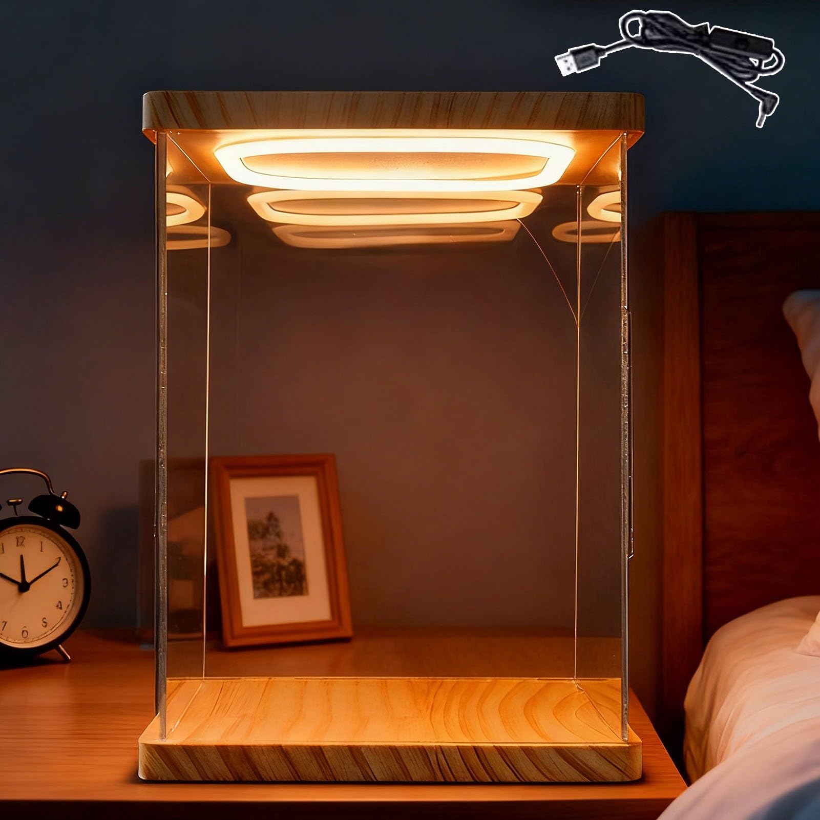 Vitrina Expositora Caja de Acrílico Alta de Escritorio, Forma de Cubo Rectangular, Vitrina con Luz LED para Figuras y Muñecas, Expositores de Plástico Transparente(20x20x20cm(8x8x8in))