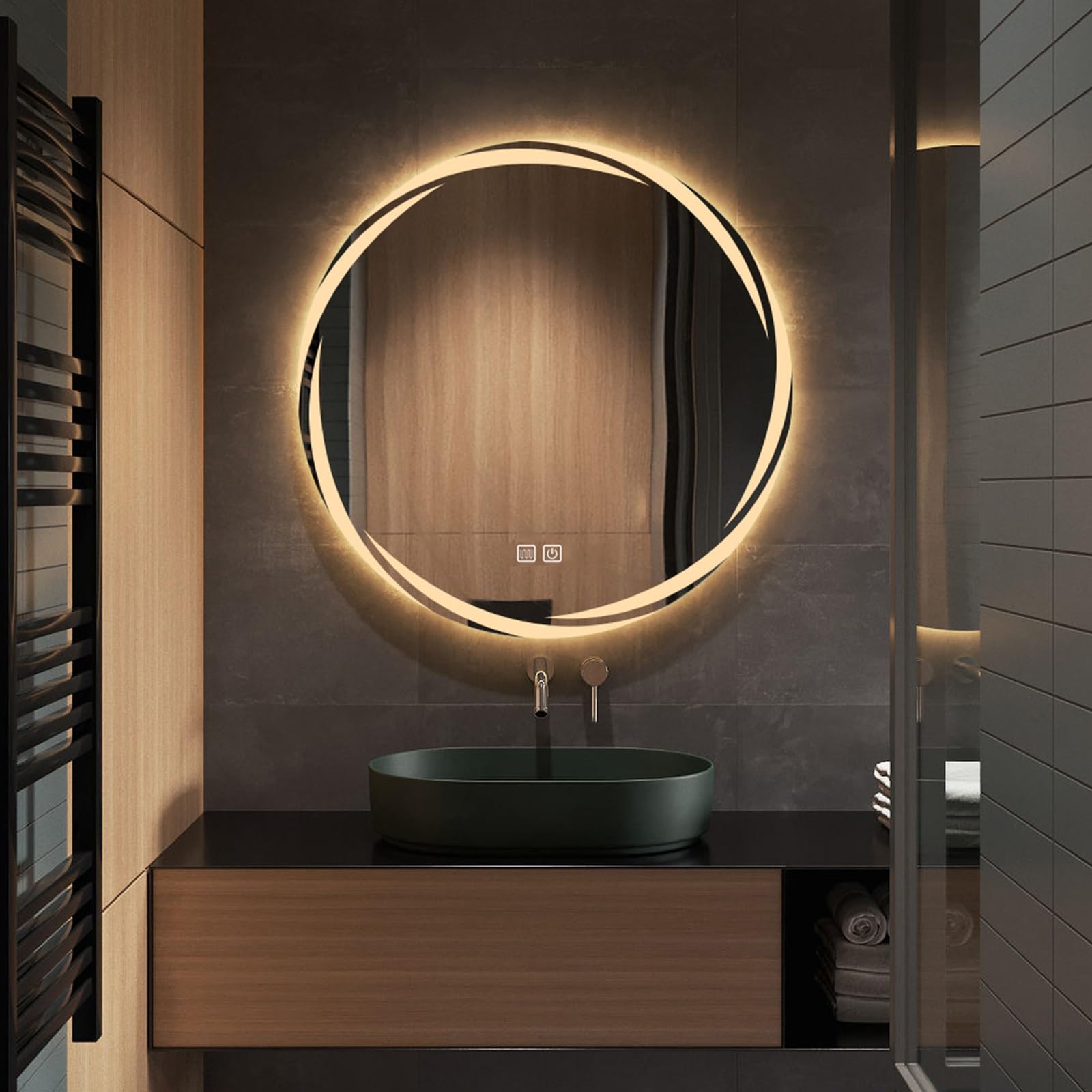LED-beleuchteter Badezimmerspiegel, rund, 80 cm, Wandmontage, 3 Farben, M-Helligkeit, Antibeschlag-Technologie, perfekt für Glamour-Räume und den täglichen Gebrauch