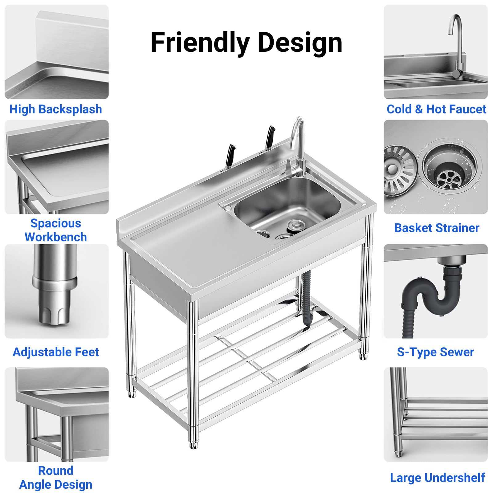 Évier Utilitaire en Acier Inox 1 Compartiment avec Table, Évier Autoportant à Cuve Simple avec Robinet et Pieds, Grand Évier Professionnel pour Cuisine, Buanderie, Salle de Bain et Jardin