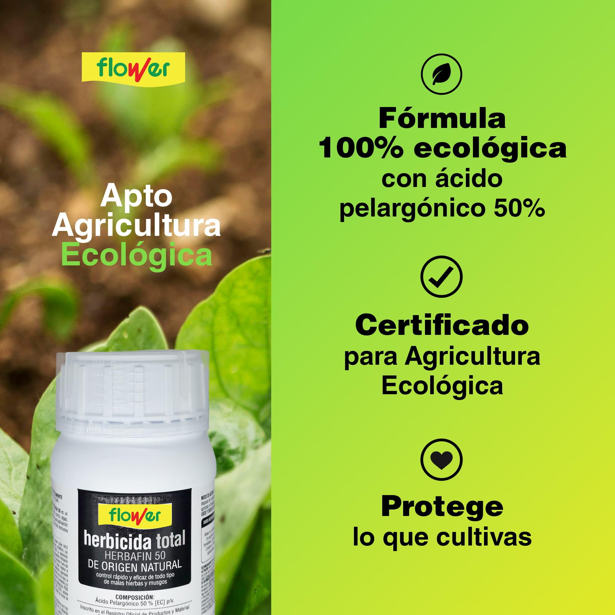 FLOWER x3 Herbicida Total Ecológico Origen Natural 450 m² | Elimina Malas Hierbas y Musgos | Alternativa Glifosato | Resultados 2 Horas | 750ml + Dosificador Diluir 15L Agua | Súper Concentrado