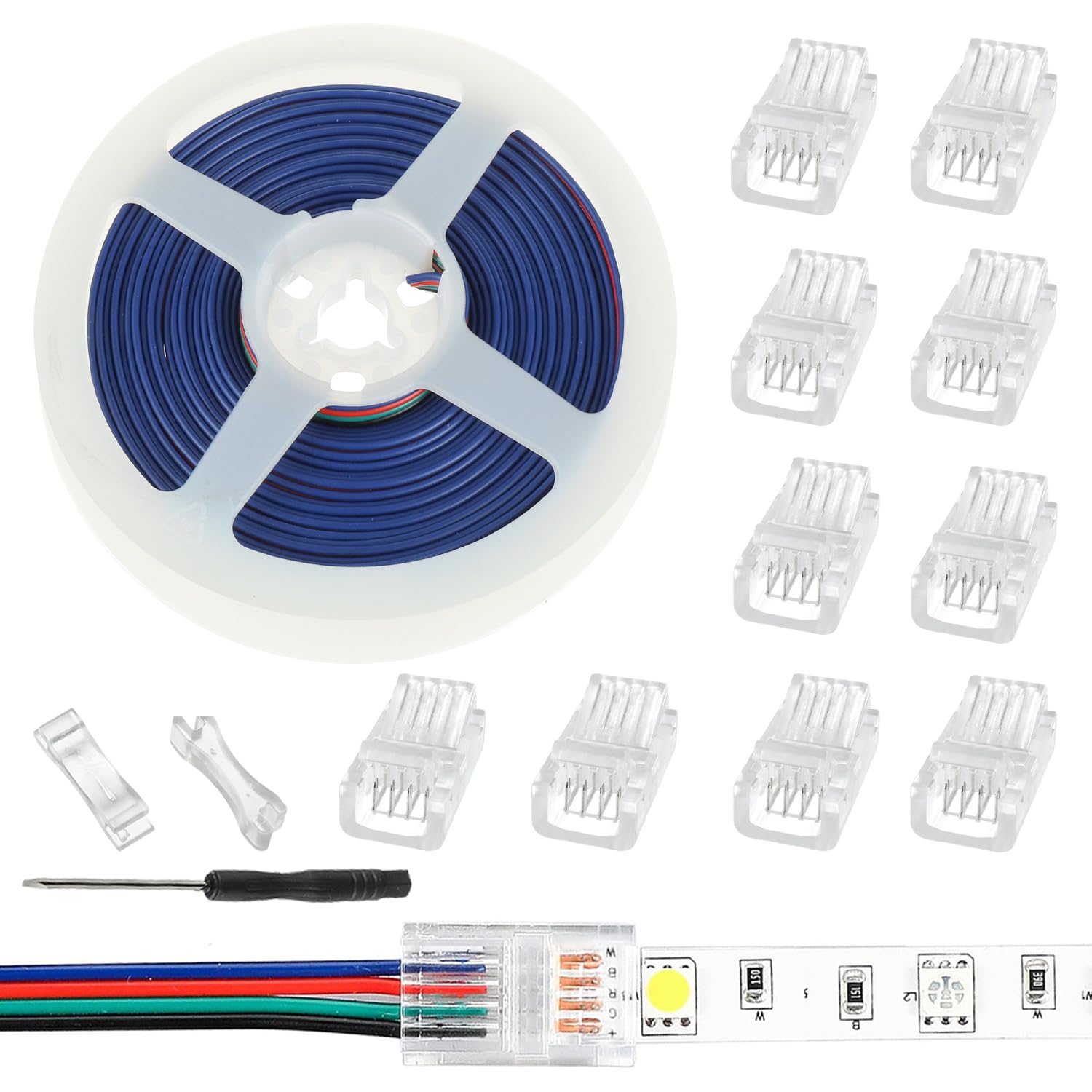 JAMHER 10 Pack LED Strip Connector RGB Lights Adapter Lighting Pin Connectors Clear Unwired Gapless Track Lighting Connector with 5M/16.4ft Cable(4 PIN 8 MM)