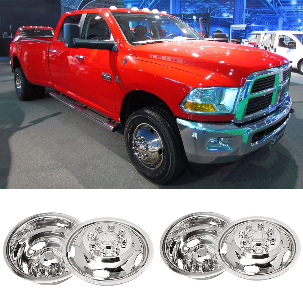 BOOGADEE 4pcs 17inch Polished Stainless Steel Dually Wheel Simulators, Bolt On Wheel Cover with Removable Centre Cap,8 Lug Hubcaps Fit for 03-18 Dodge Ram 3500 with Installation Tool C17D8