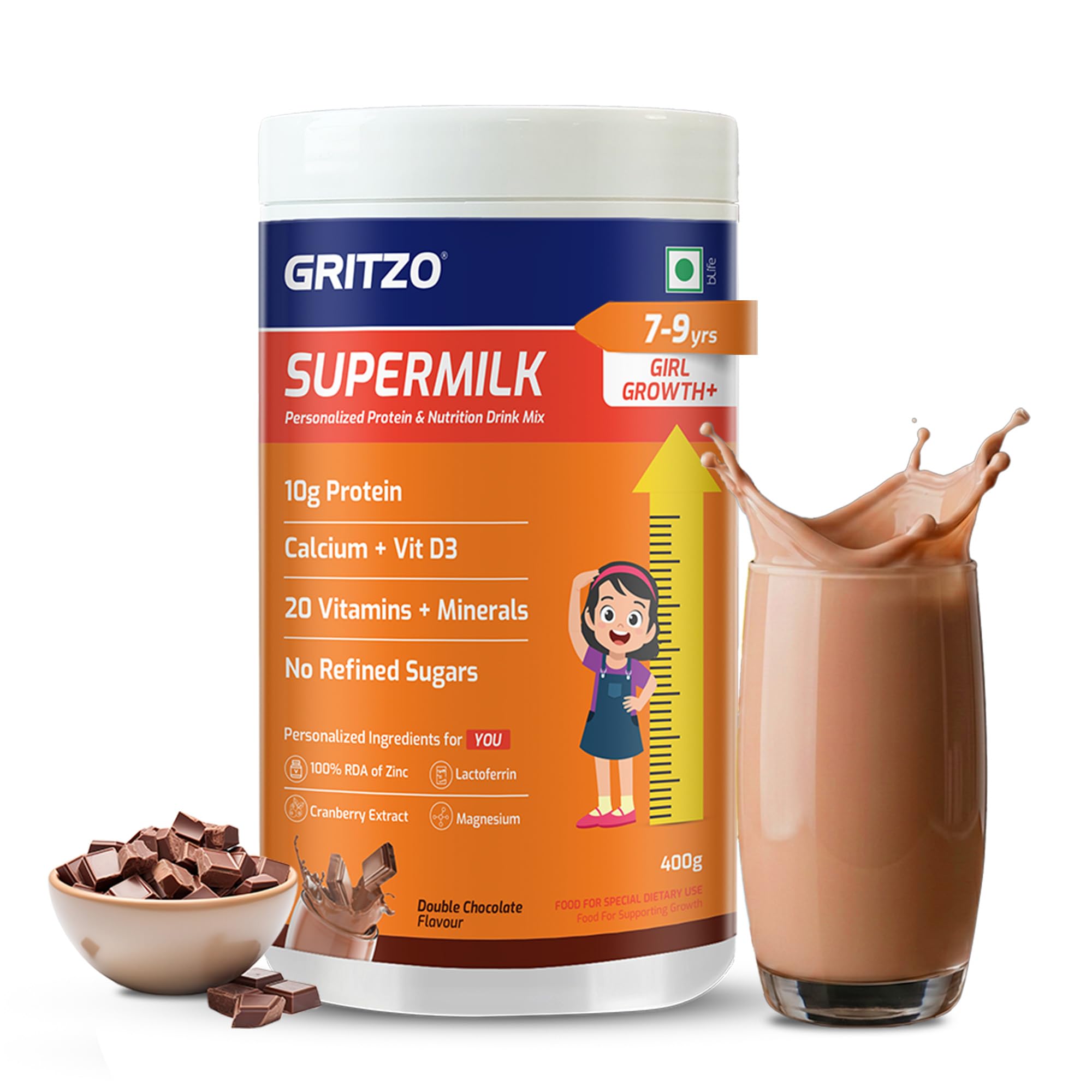 Gritzo SuperMilk Height+ (7-12y Girls), 10g Protein Powder (Double Chocolate, 400g) | Zero Refined Sugar, 21 Vitamins & Minerals-picture-28