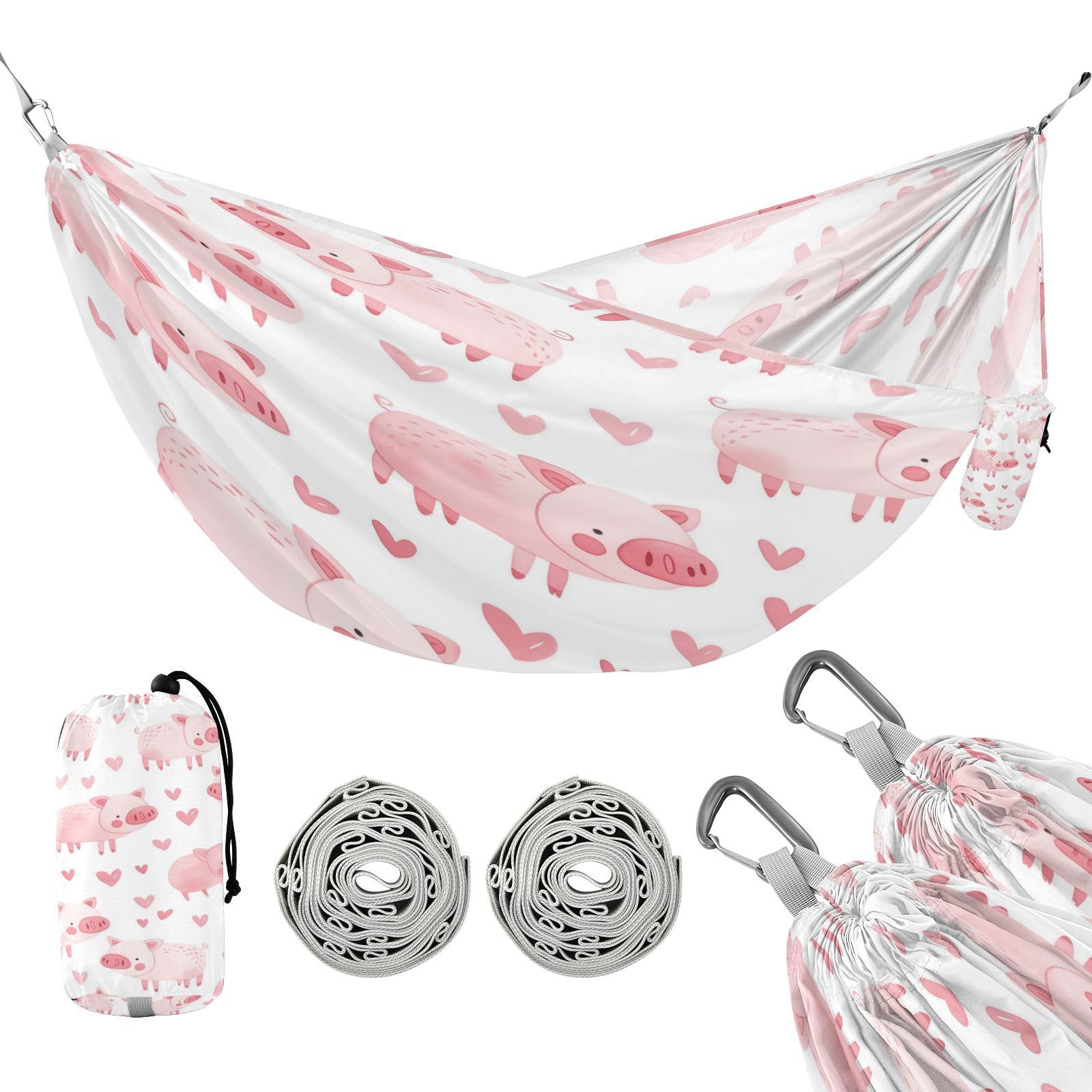 ATTX Cute Pig Camping Hammock - Lightweight & Portable Hammocks, Heavy Duty 330lbs Capacity for Indoor, Hiking, Backpacking, Travel, Backyard, Beach#120