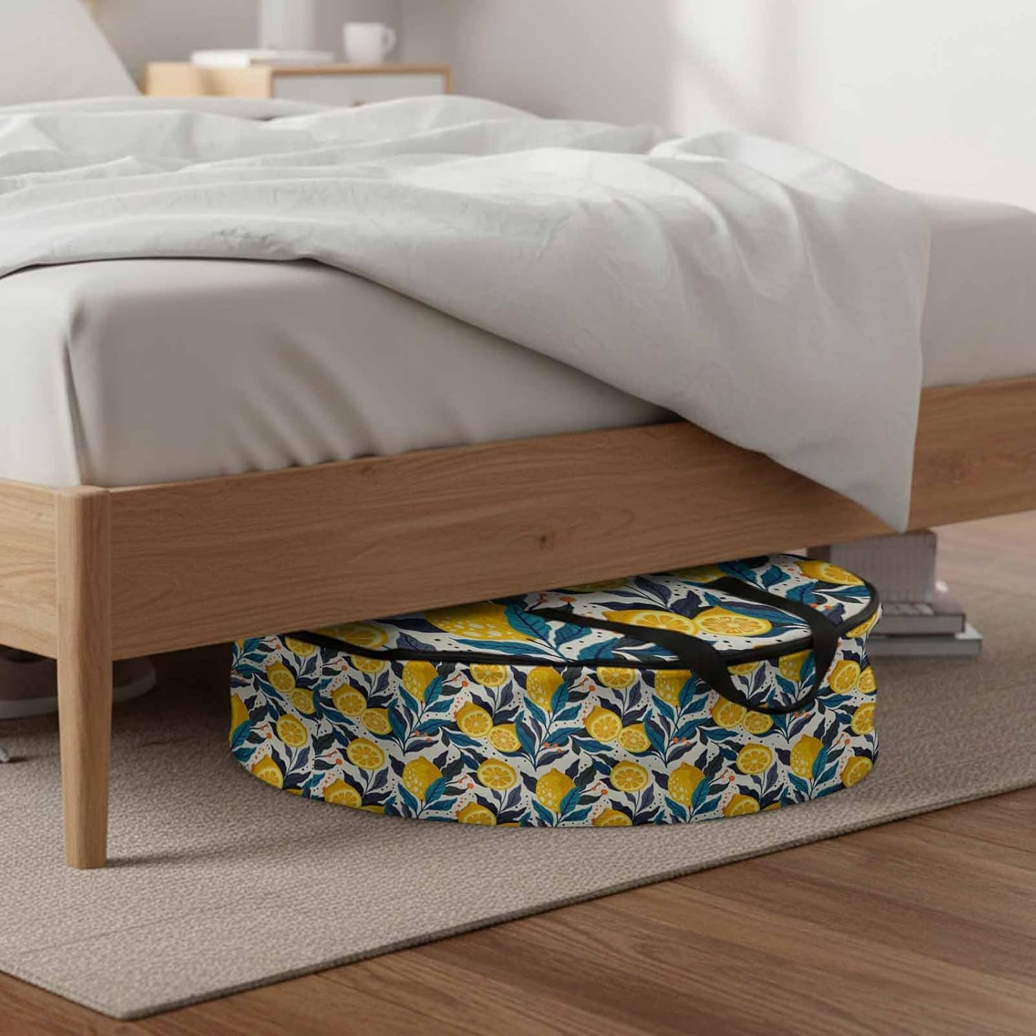 Storage Bag Yellow Lemon Round Storage Totes Bins Closet Organizers with Zippers & Handle Summer Fruit Blue Leaves Clothes Storage Container for Bedroom Dorm Space Saving Packing Supplies Moving Bags
