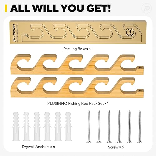 Miniatura 10 de PLUSINNO WH5 - Soporte horizontal para caña de pescar para garaje, pared o techo, soporte de caña de pescar de madera maciza con capacidad para