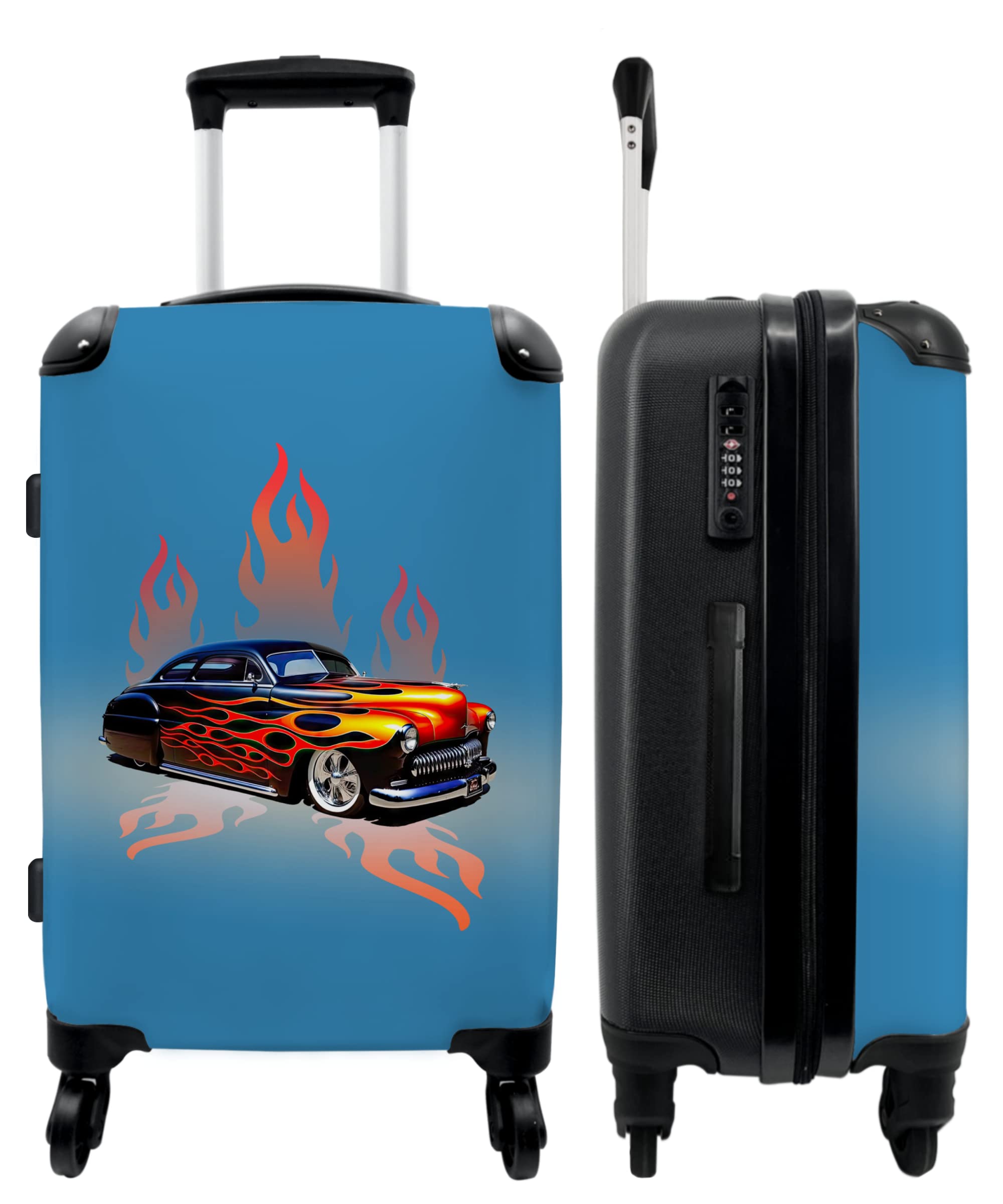 NoBoringSuitcases© Valigia Grande - 90 litri - da viaggio | Auto - Fiamme - Fuoco - Blu - Vintage - Chiusura a combinazione TSA - Trolley Rigido 4 ruote