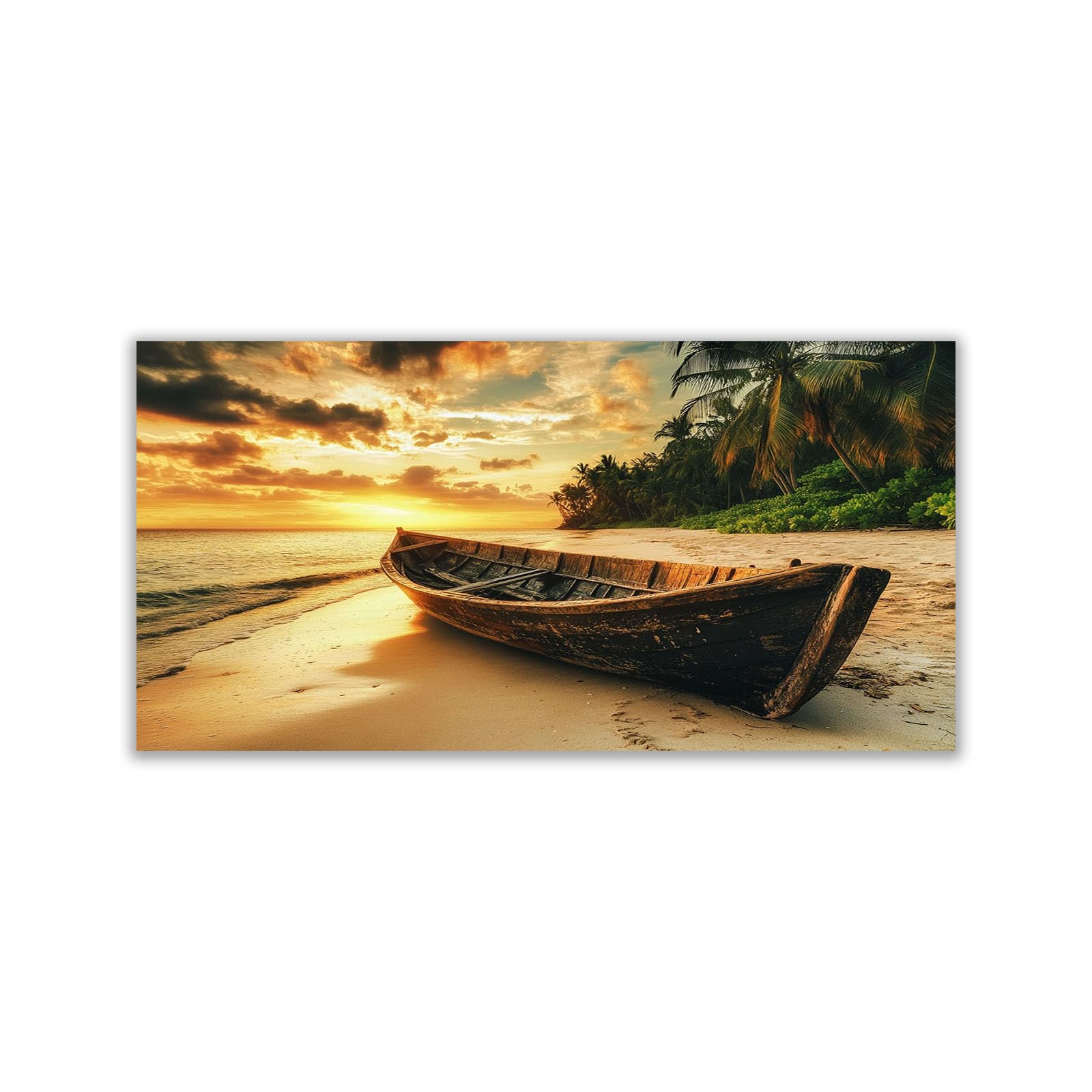 WIKEO Beach Pictures on Canvas Wall Art Sunset Beach Scenery Modern Prints Seaview Landscape Artwork - for Living Room Bedroom Home Office Wall Decoration(Gold 3)-70x140cm Unframed