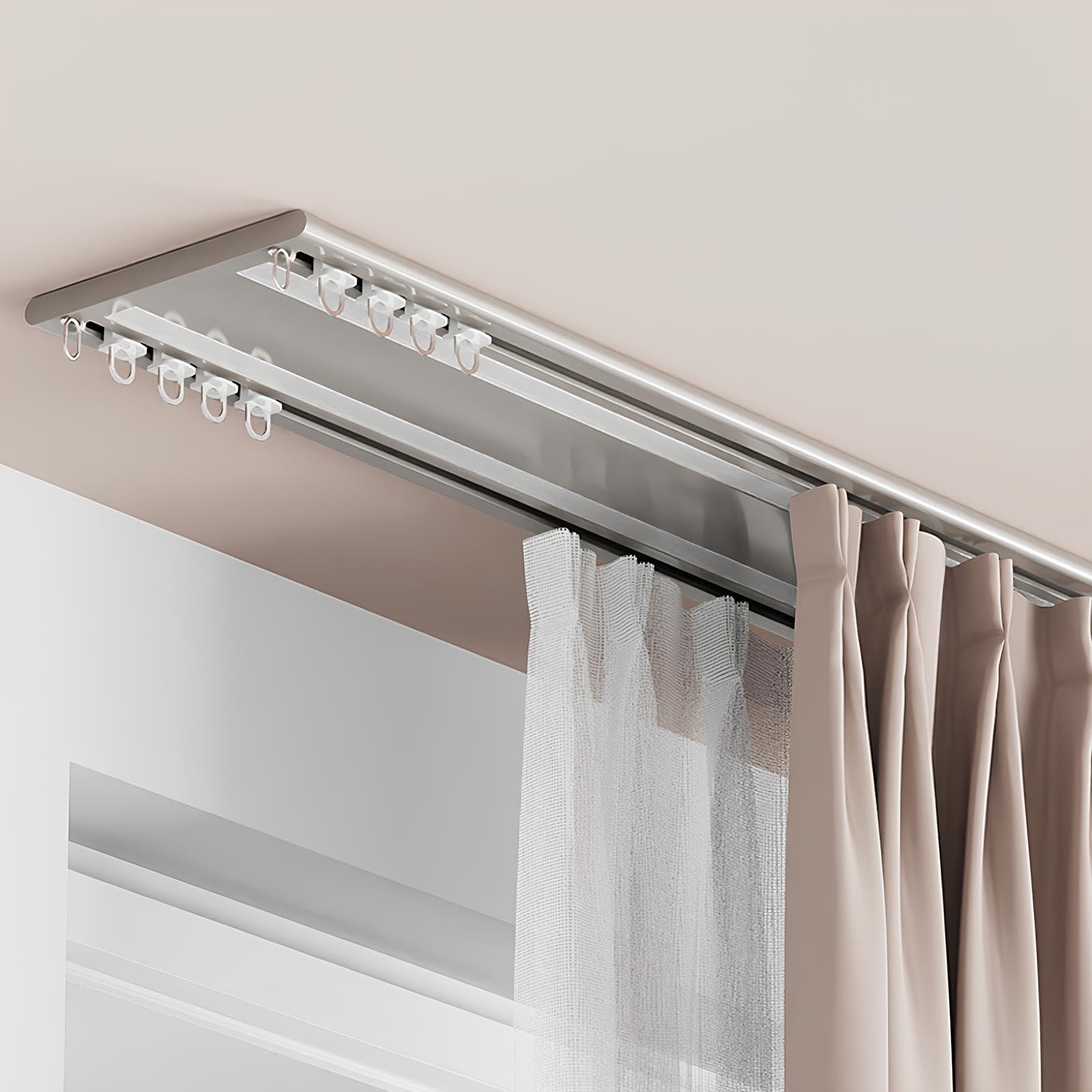 Doppelte Vorhangschiene Gardinenschiene, Geräuschlose, Ultradünne Gardinenstange Aus Aluminiumlegierung, 2 Läufig Vorhangstange Für Büro- Und Hoteltrennwände(Sekt,600cm/5 * 120cm)