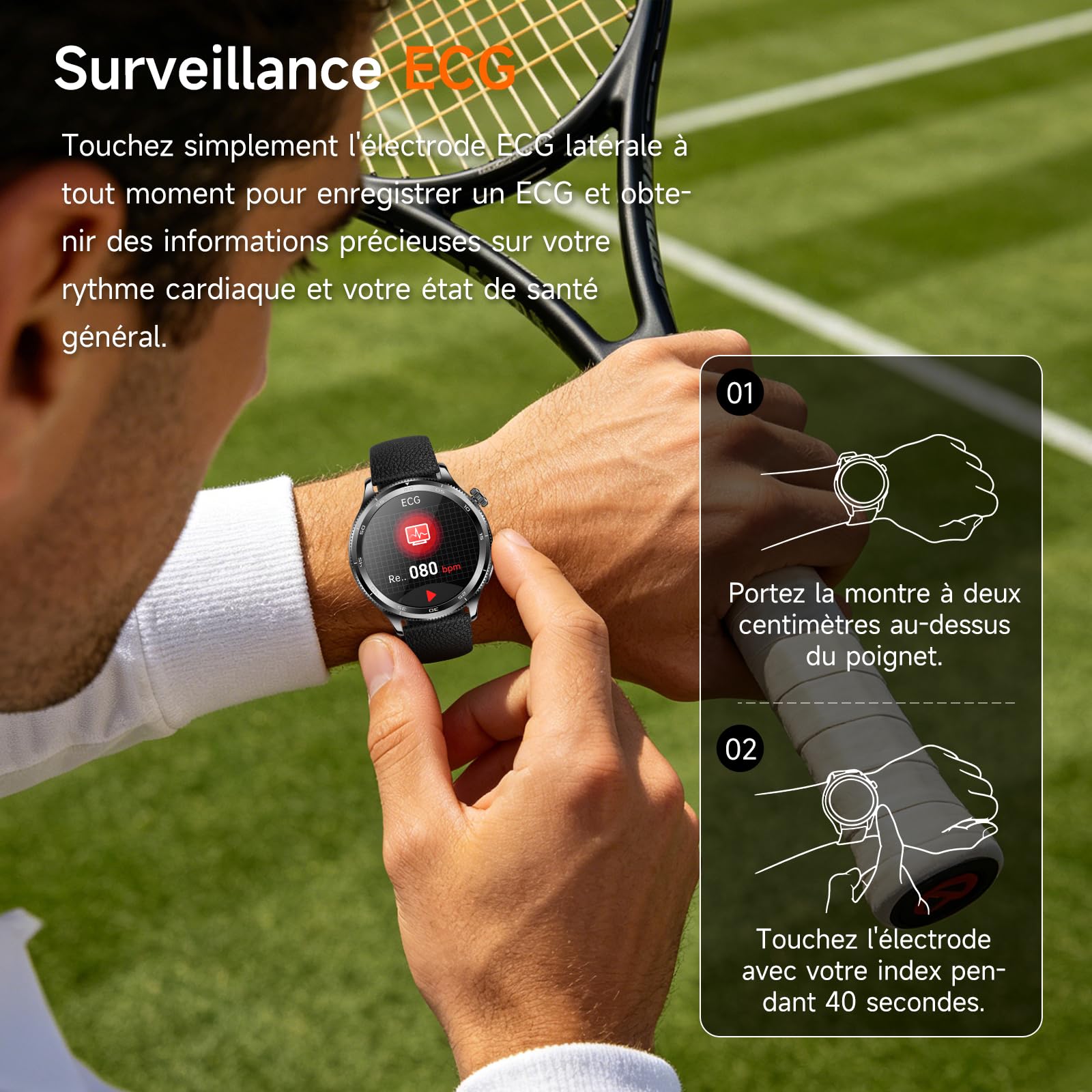 Montre Connectée Homme ECG/Pressιon artérιelle, Silicone Noir (Cadre Noir)