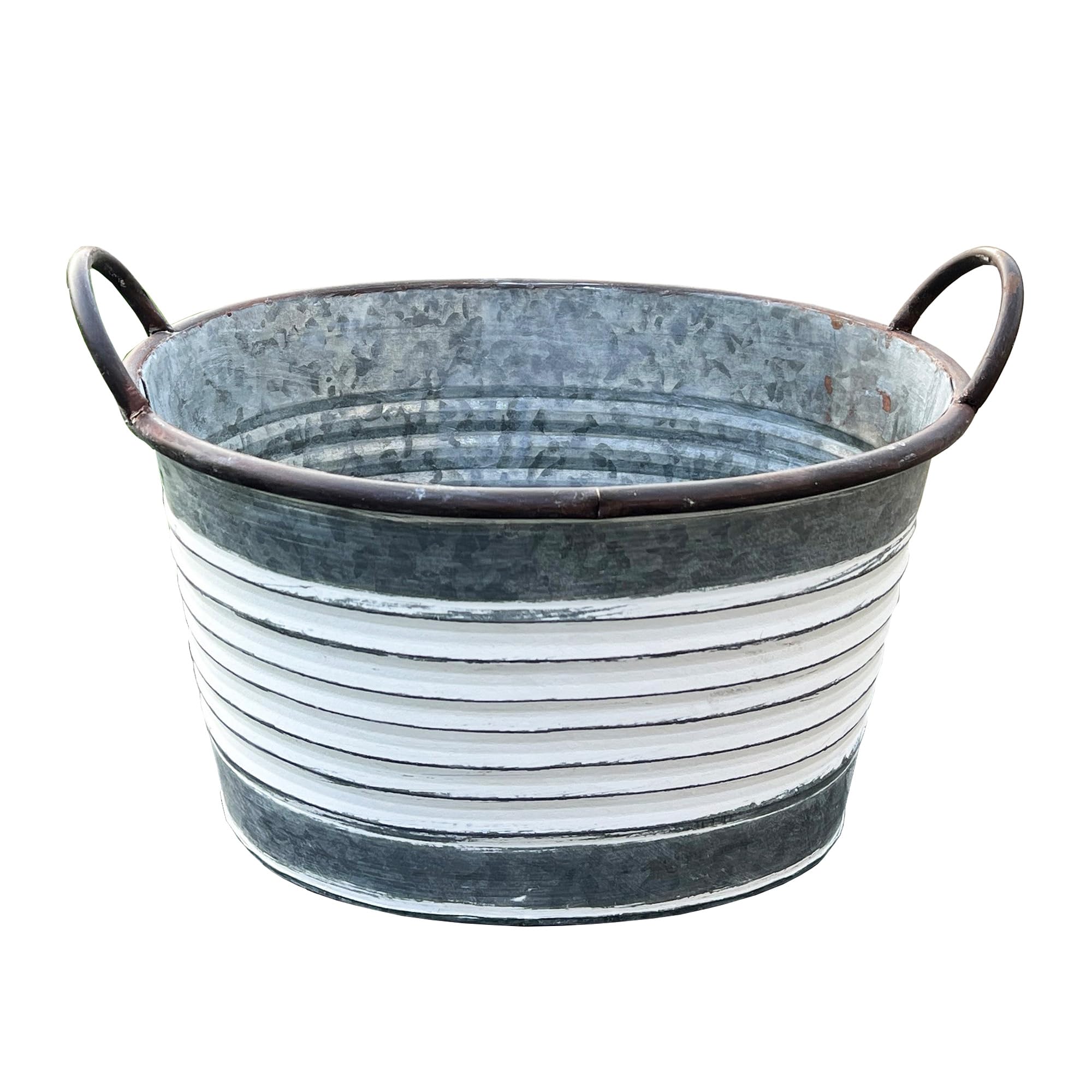 Alfie Francis 36.5cm W x 24cm H Oval Galvanised Zinc Metal Garden Planter with Handles Outdoor Plant Pot Vintage Ribbed Barrel Tub Decoration