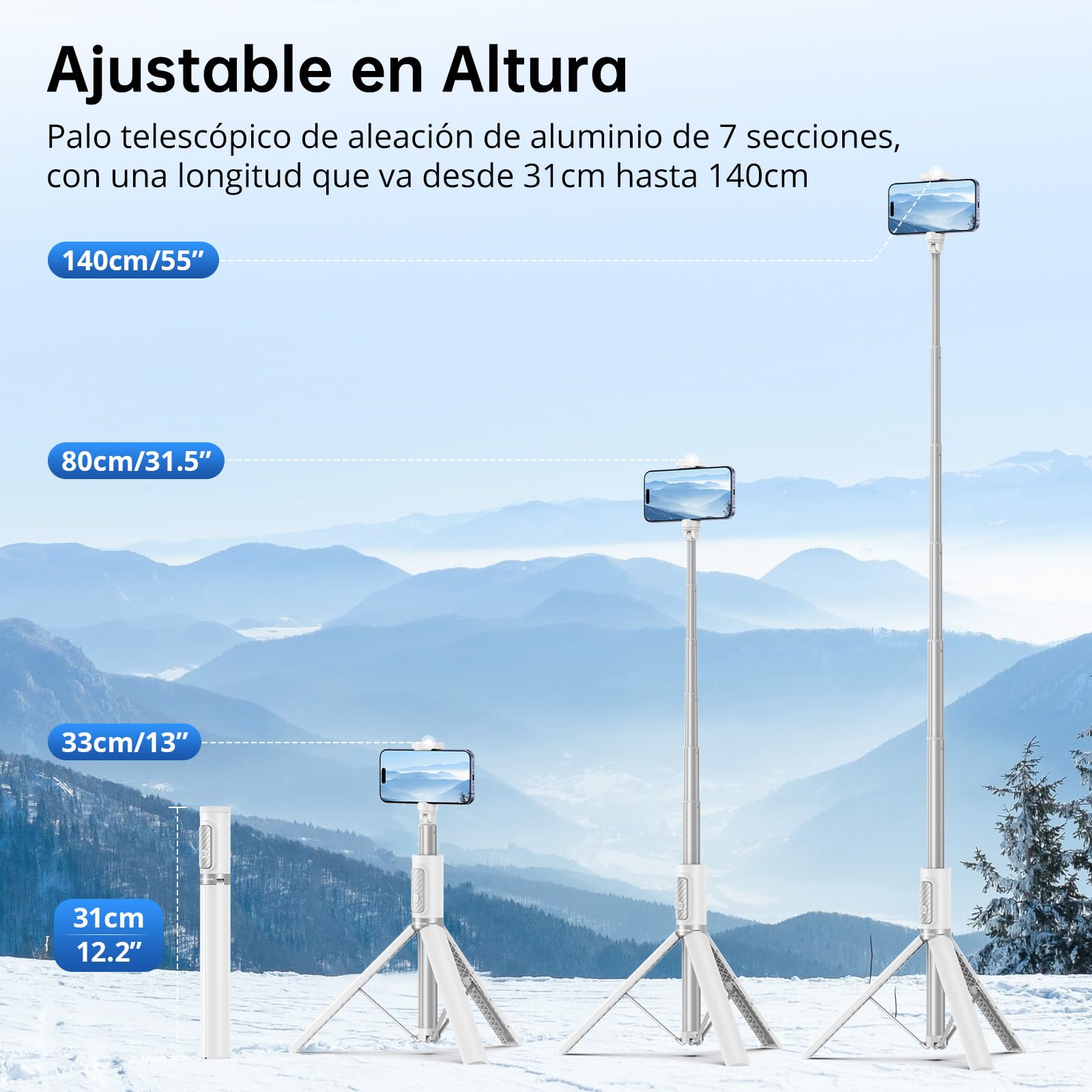 SYNCWIRE Palo Selfie 140cm, Selfie Stick con Ángulo Ajustable y Control Remoto Bluetooth Recargable, Trípode Extensible de Aluminio, Compatible con Teléfonos iPhone y Android （Blanco）