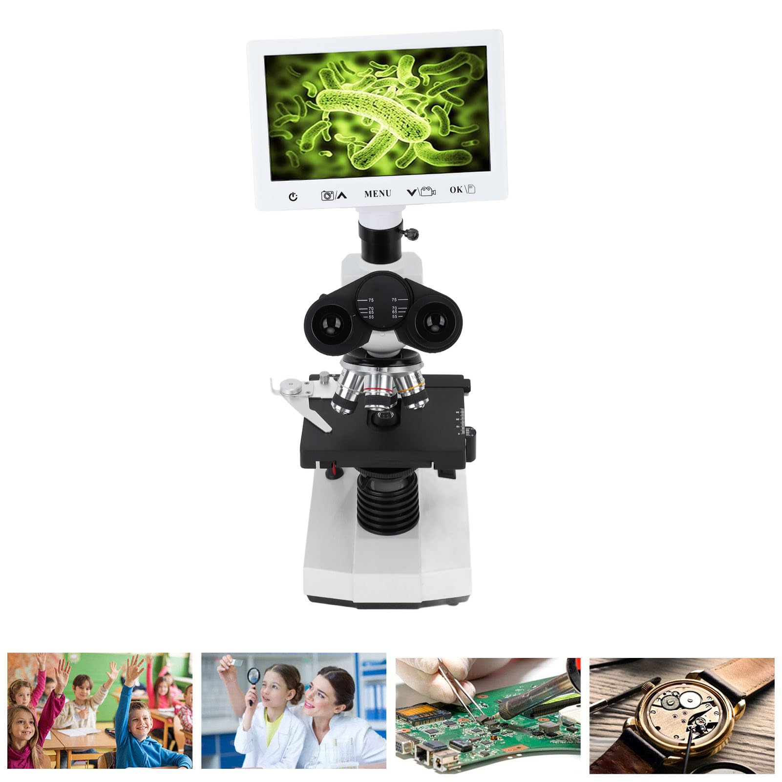 Microscopio Trinocular Pantalla de 7 Pulgadas Microscopio Biológico con Aumento de 40X a 1600X con Plataforma Mecánica para Tomar Fotografías Grabar Tarjeta de Memoria (Enchufe
