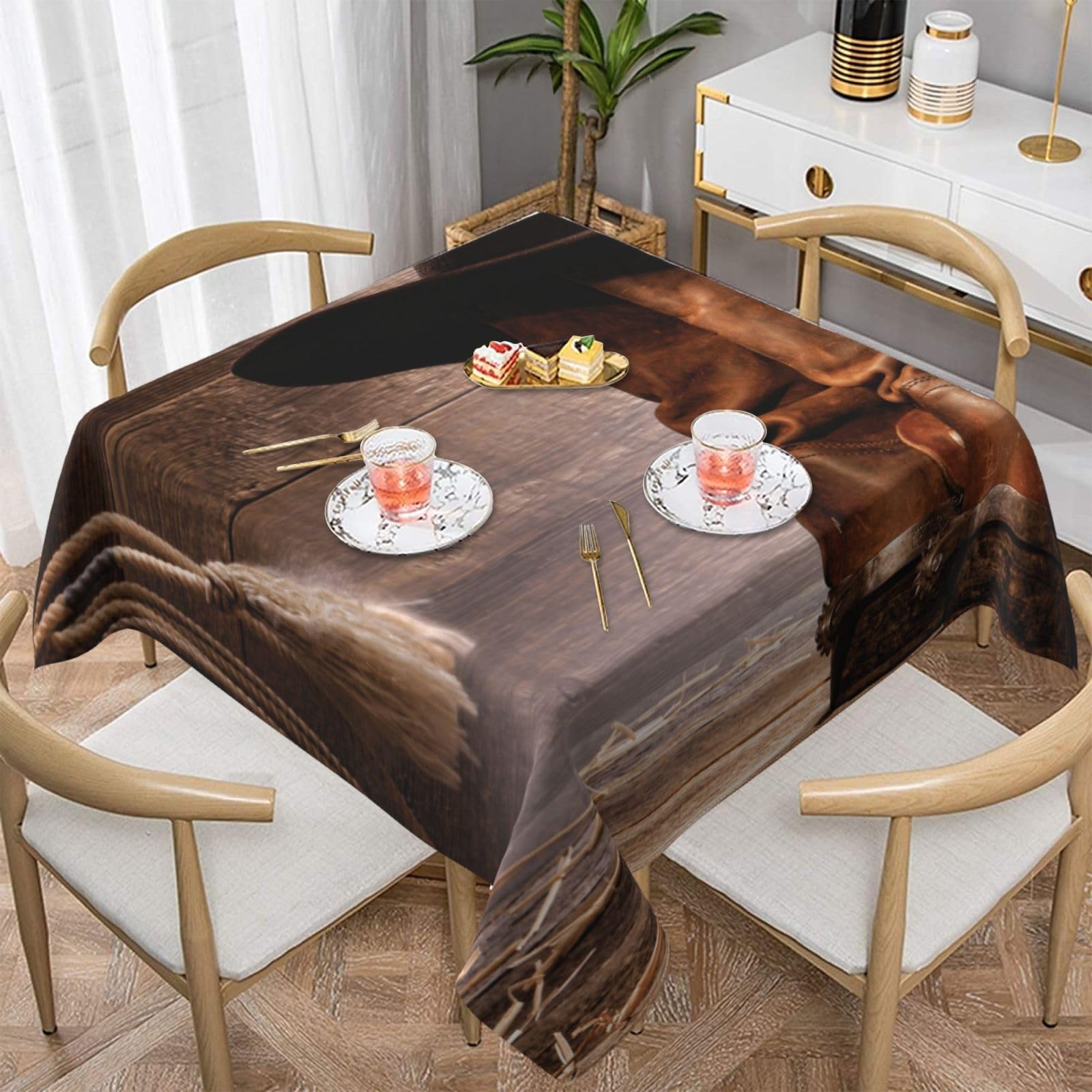 DCEHGEW Cowboy Black Hat Western Boots Prints Square Tablecloth 137x137 CM, Waterproof Fabric Table Cloth for Dining Table, Farmhouse Table Cover for Kitchen Dining Tabletop Decoration
