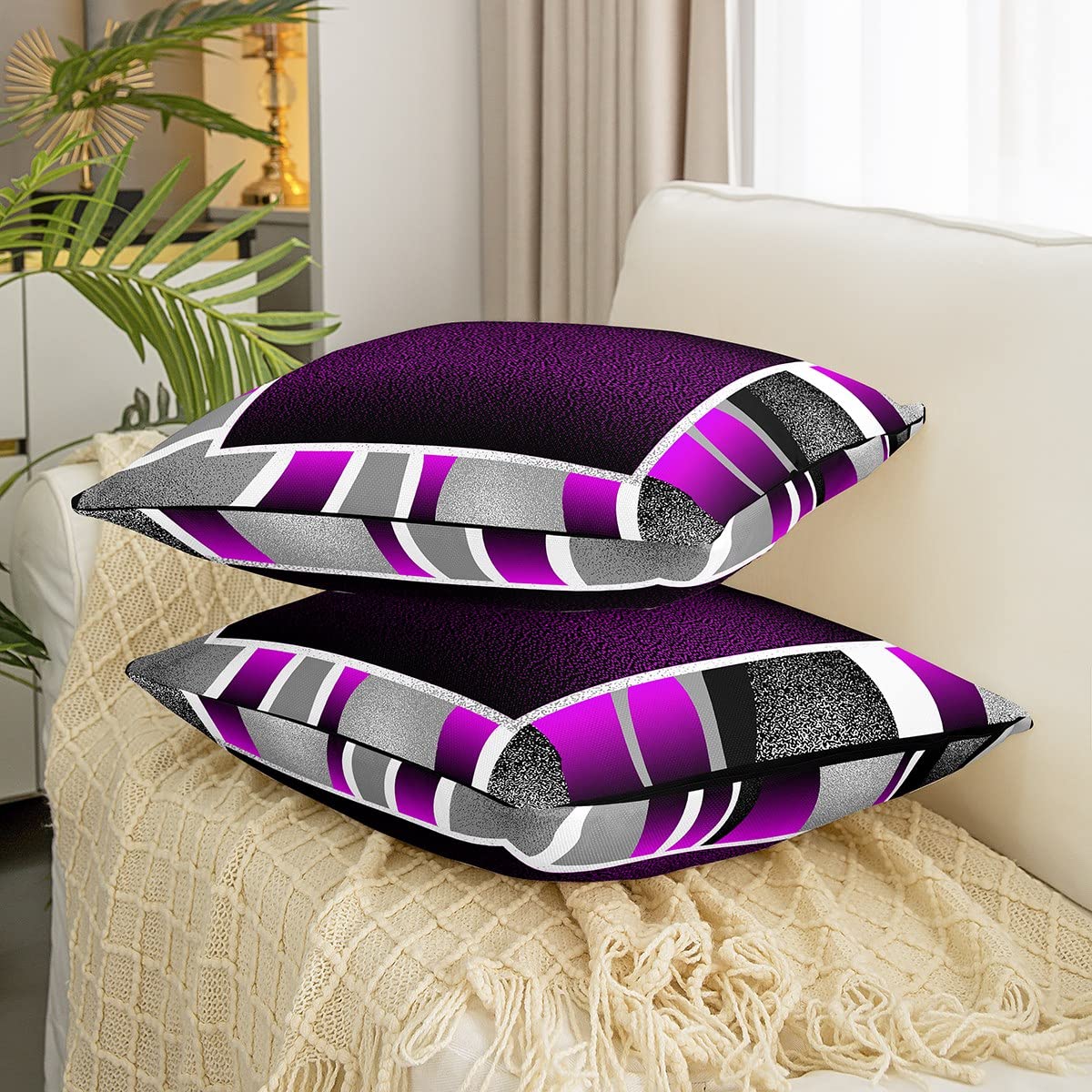Homemissing Set di 1 federa per cuscino con motivo geometrico a righe, morbide, decorative, per la stanza, arte moderna, viola, 55,8 x 55,9 cm