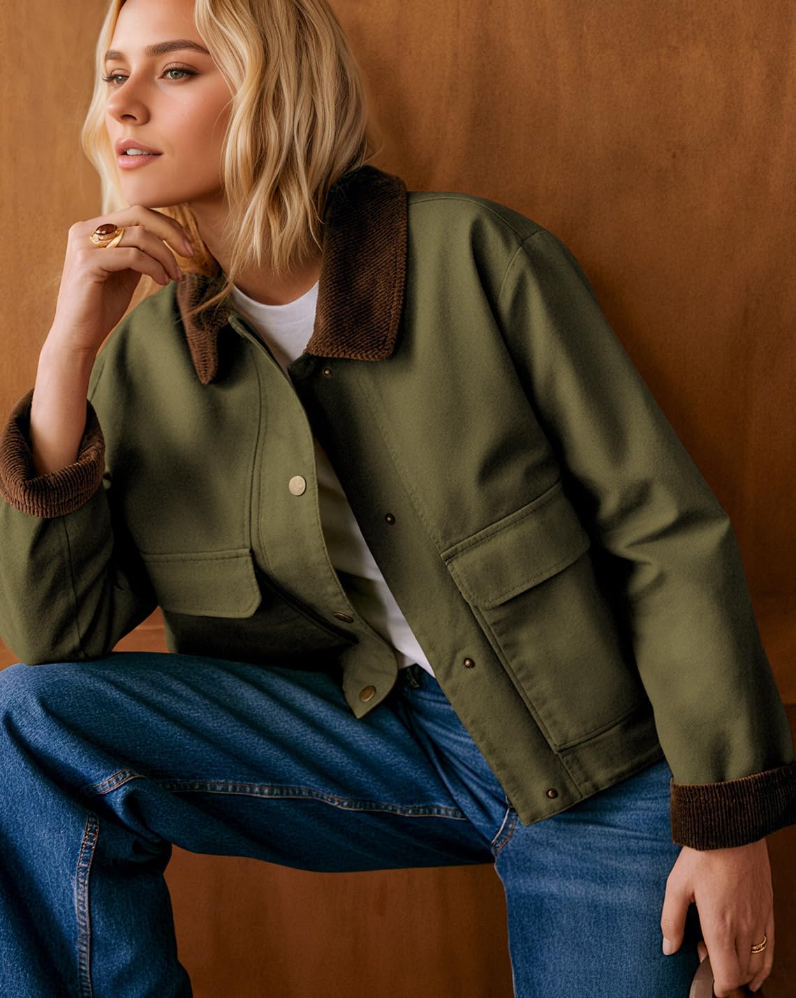 Barn Jackets for Women Casual Contrast Collar lightweight Coat Button Down Long Sleeve Outerwear with Pockets - Image 3