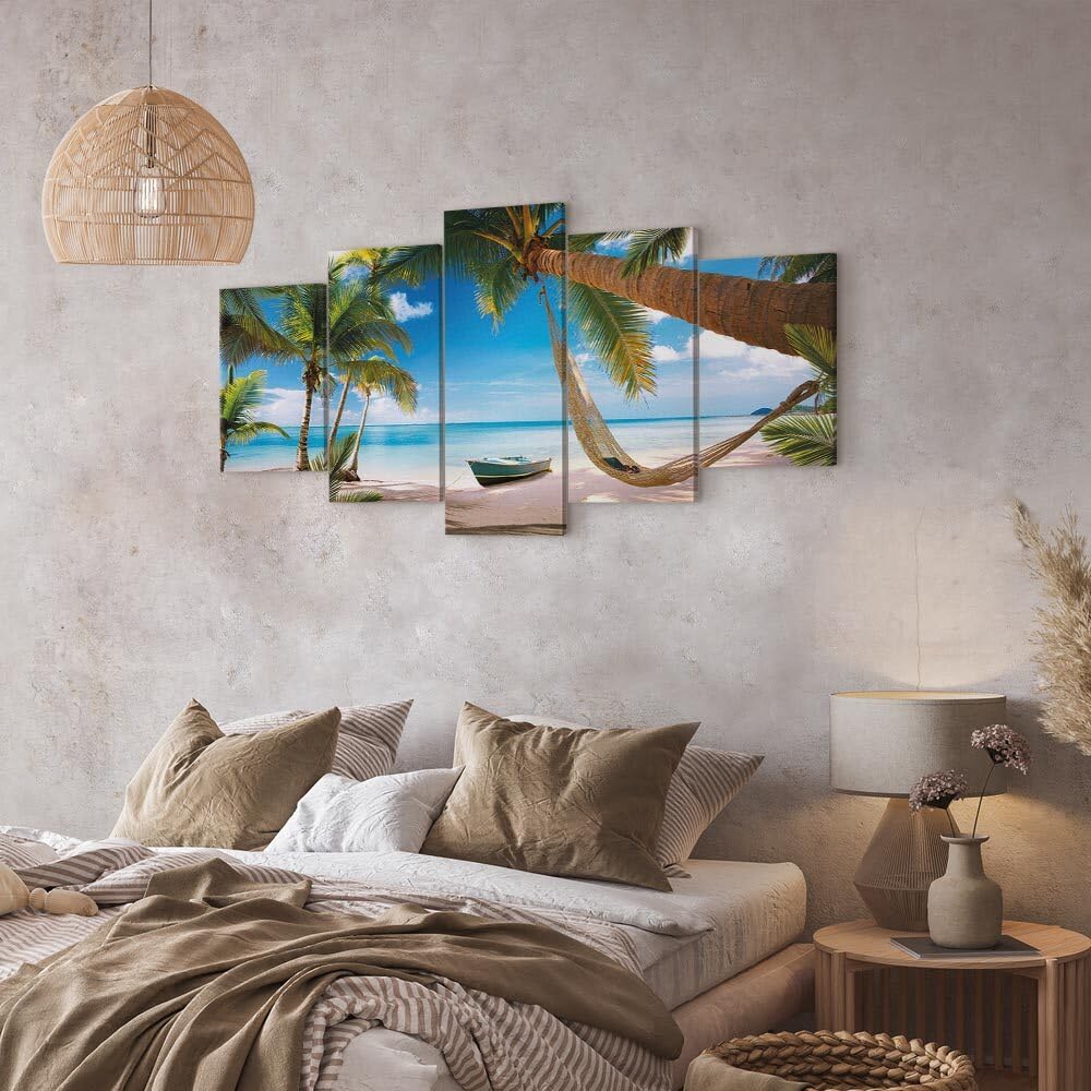 decomonkey Quadri Moderni Soggiorno Spiaggia Palme, 5 pezzi, 200x100 cm | Tela strutturata su telaio in legno, decorazione da parete, paesaggio, natura, mare, isola, Quadro Stampa su Tela