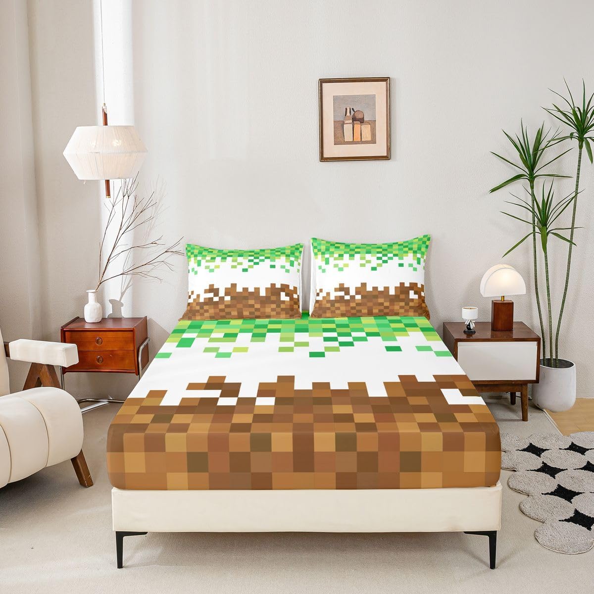 Manfei Pixelated Sheets Full 4Pcs,Geometric Patchwork Grid Bed Sheets Set,Games Miners Bed Set for Boys Girls Bedroom,Brown Green Bedding with Flat Sheet + Fitted Sheet + 2 Pillow Cases image 5