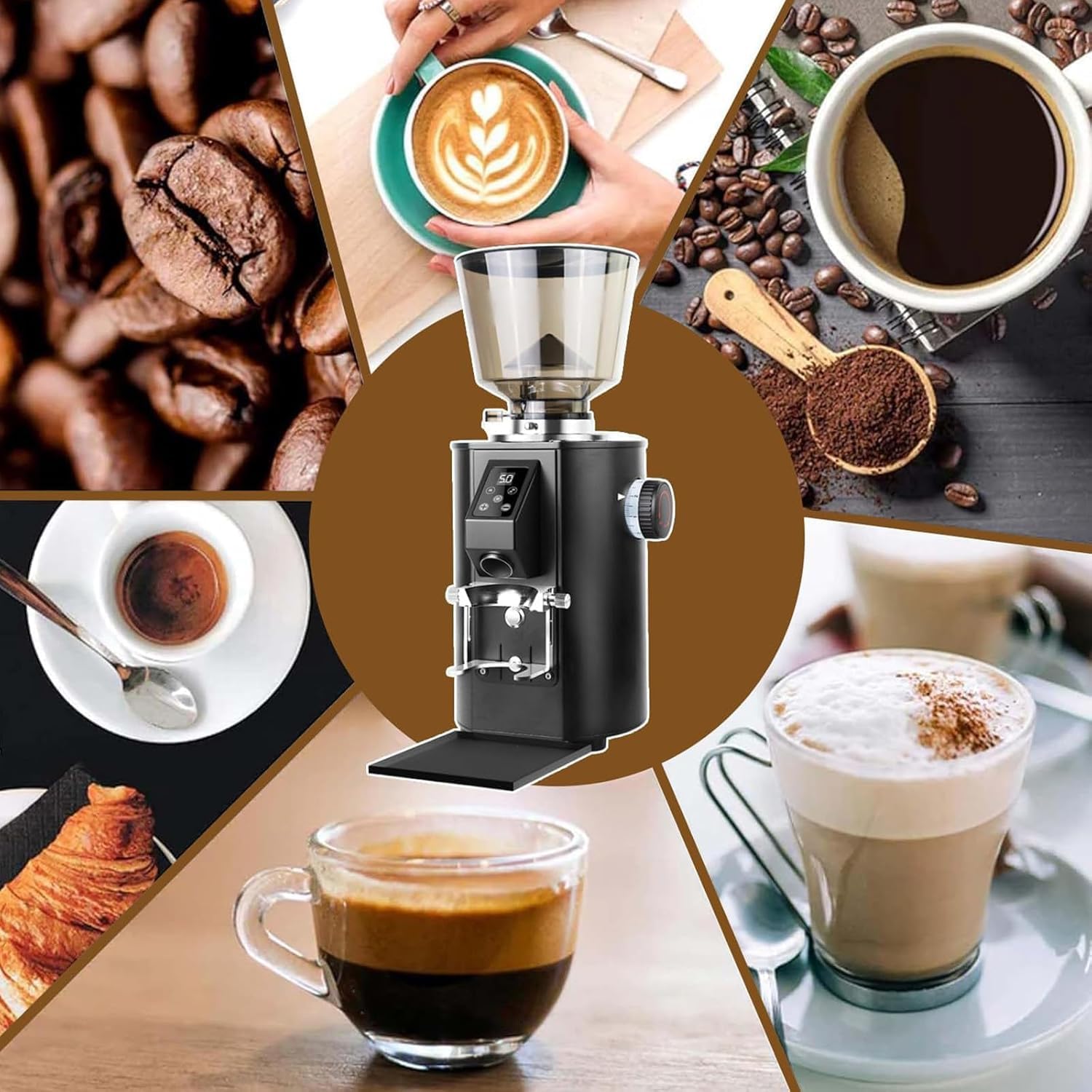 Coffee Grinders,64mm Burrs,with LED Control Panel,Dual Dosing Mode,9 Coarse/Fine Grind Settings for Home & Commercial (White)