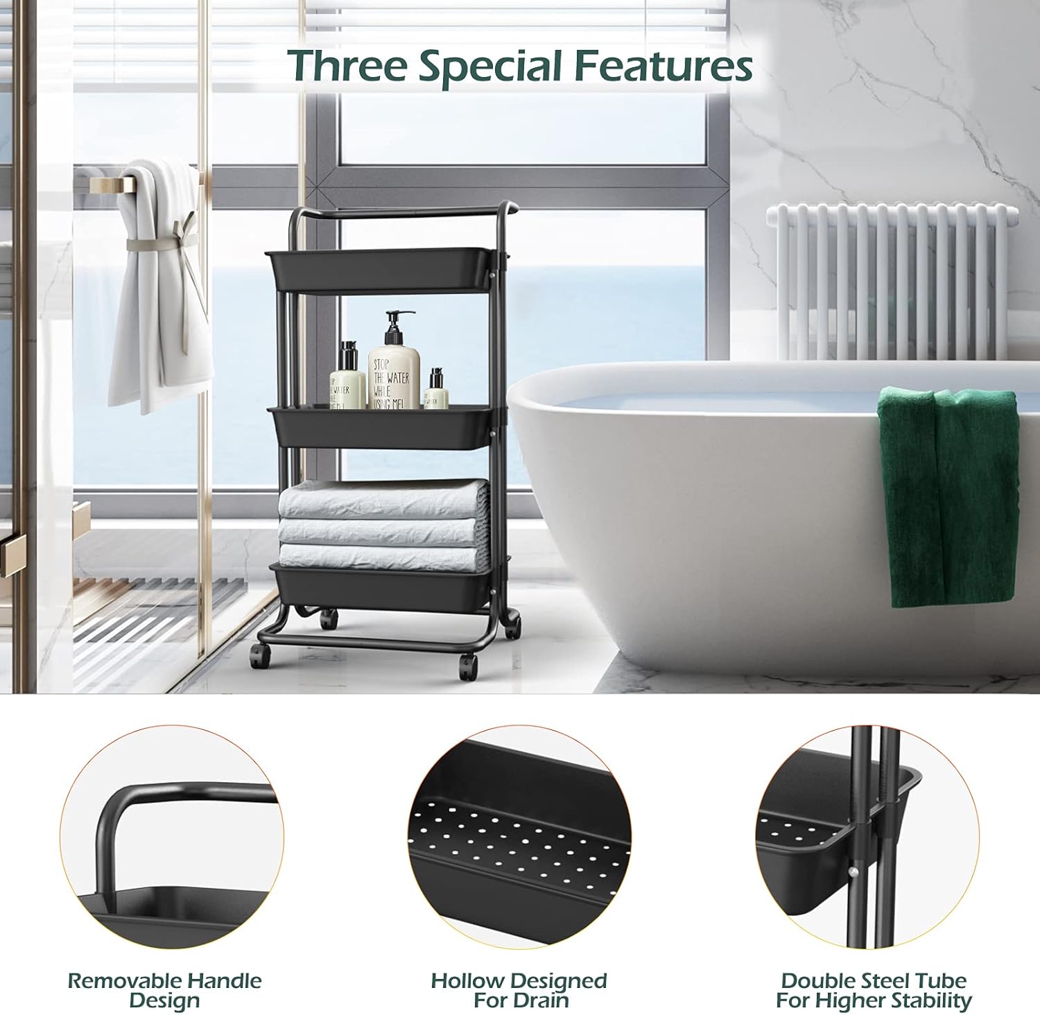 Mckuk 3-Tier Rolling Utility Cart with Wheels, Multi-Function Storage Cart with Lockable Wheels and Mesh Basket, Perfect for Use in Your Kitchen, Bathroom or Living Room or Balcony,Black : Office Products