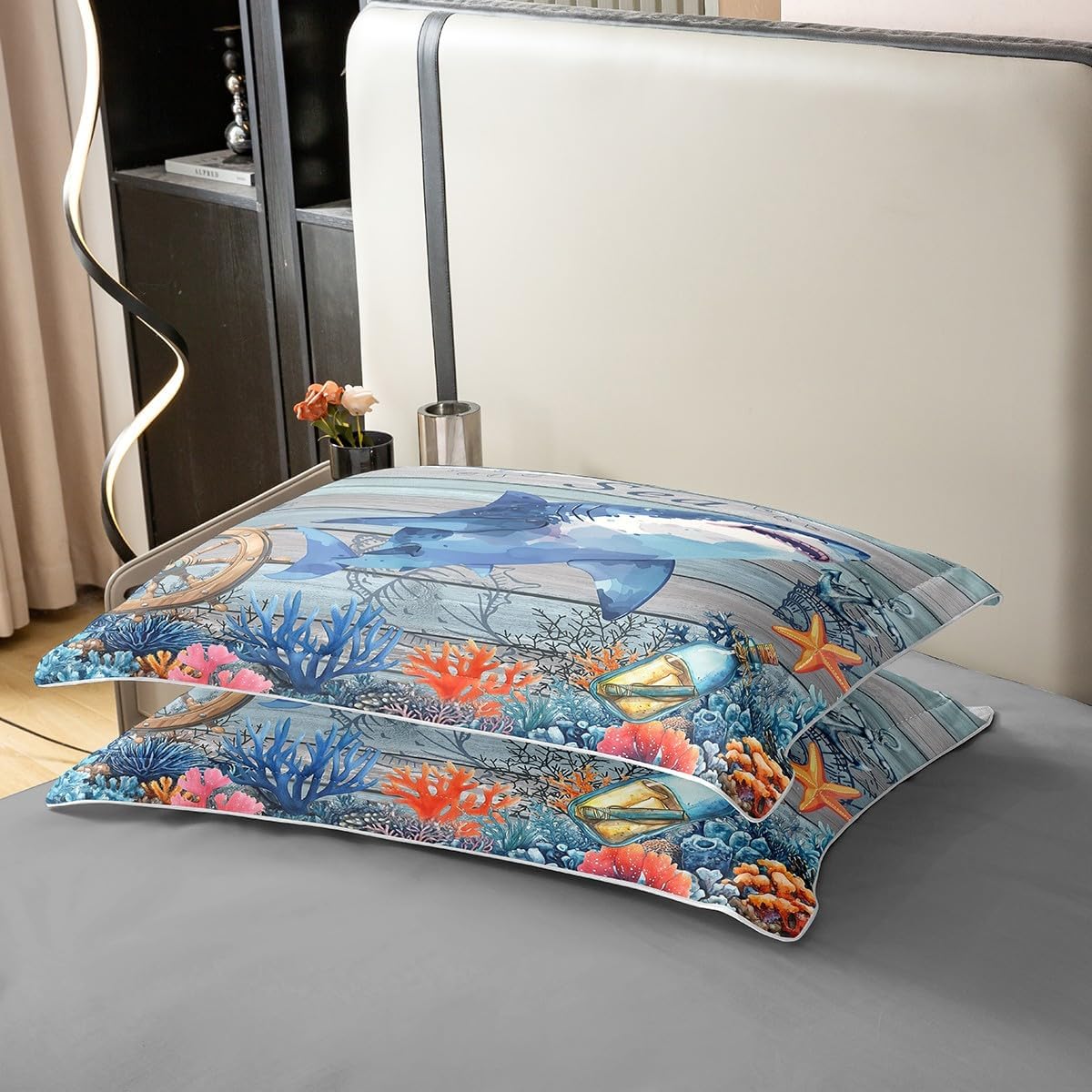 Ocean Shark Duvet Cover Twin Size for Kids Boys Teens,Watercolor Underwater Animals Plants 2PCS Duvet Cover,Rustic Wooden Stripes Comforter Cover (Not Comforter),Coastal Summer Quilt Cover