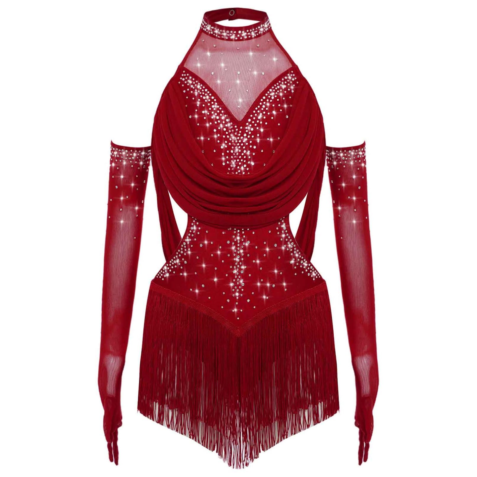 YiZYiF Abito da Ballo Latino per Ragazze con 1 Paio di Guanti a Rete Body da Danza Classica Moderna Vestito Pattinaggio Artistico Costume da Danza
