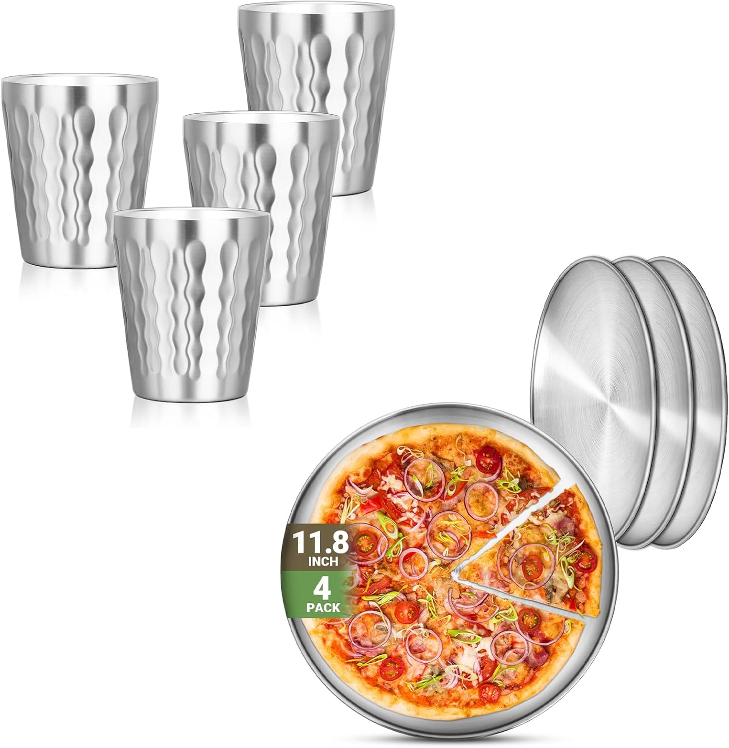 10oz 4 Cups and 11.8" 4 Plates 304(18/8), Round Shatterproof Stainless Steel Plates, Double Wall Stackable Unbreakable Stainless Steel Cups for Outdoor Travel Camping BBQ Home Dinner