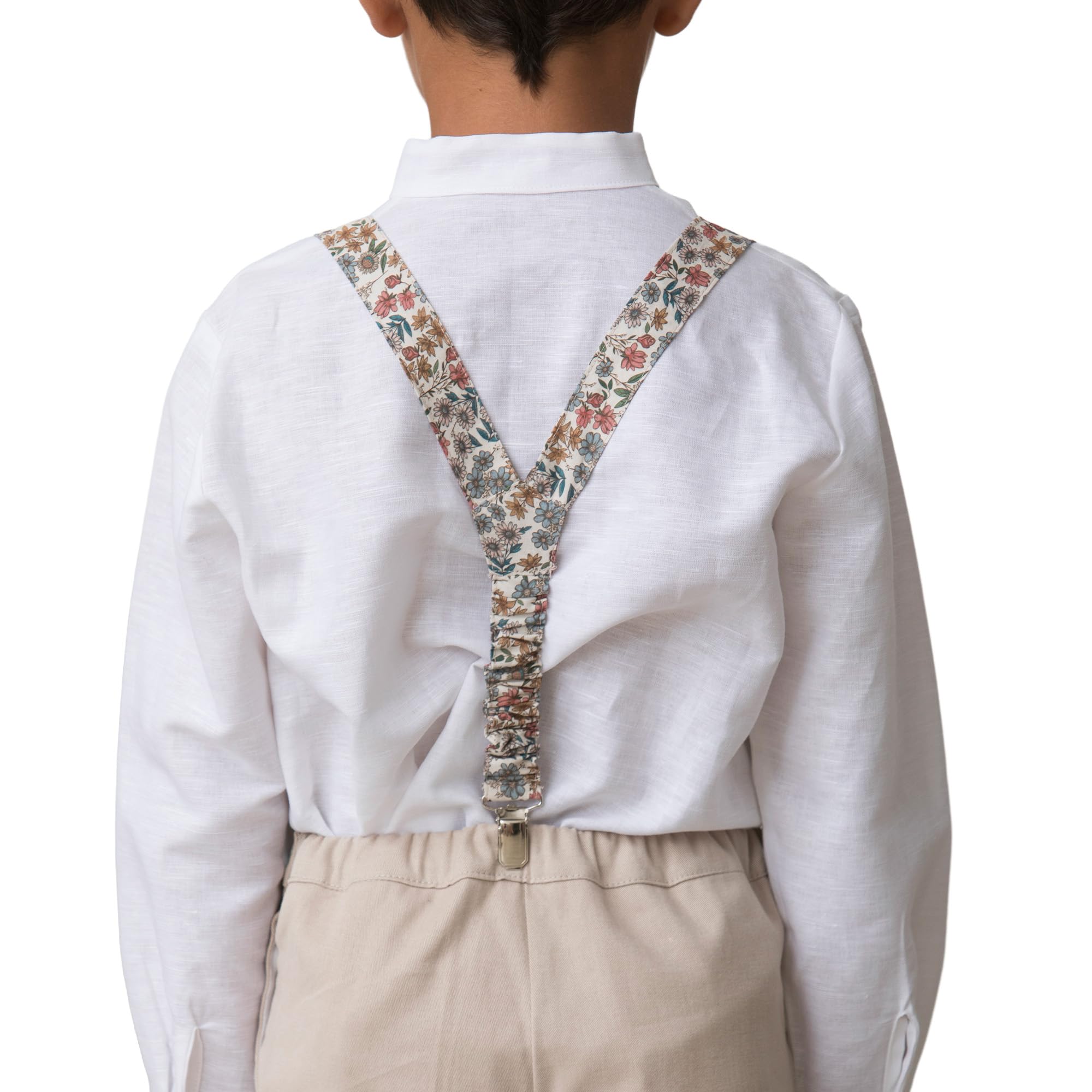 QUEMONO! Pack Tirantes y Pajarita Niño 100% Algodón Estampado Floral | Tirantes Ajustables Clips Metálicos, Semillas Azules, Grande | 8 a 16 años