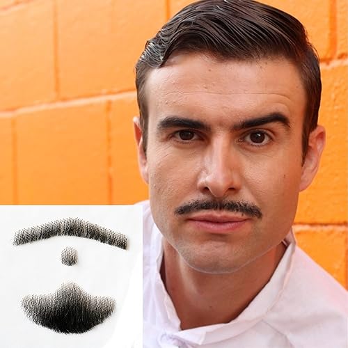 Miniatura 7 de Bigotes falsos, cabello humano a base de encaje, barba falsa marrón, bigote falso, bigote realista, disfraz de cabra falso para hombres (marrón)