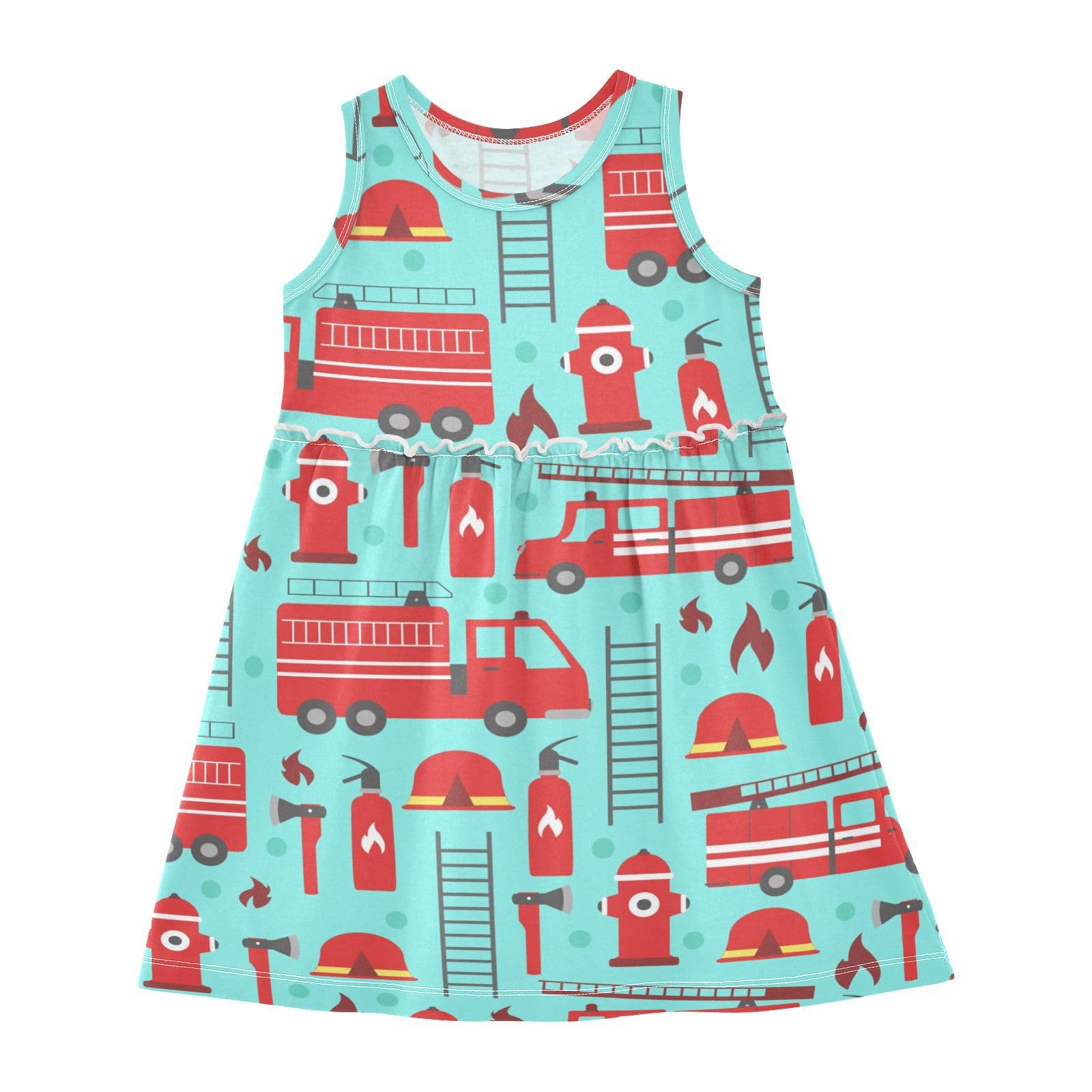 Aflyko Girls Dresses Cute Fire Rescue Truck Summer Sleeveless Dress Casual Fit Toddler Playwear Infant Lovely Everyday Wear Themed Birthday Party Dress 3T