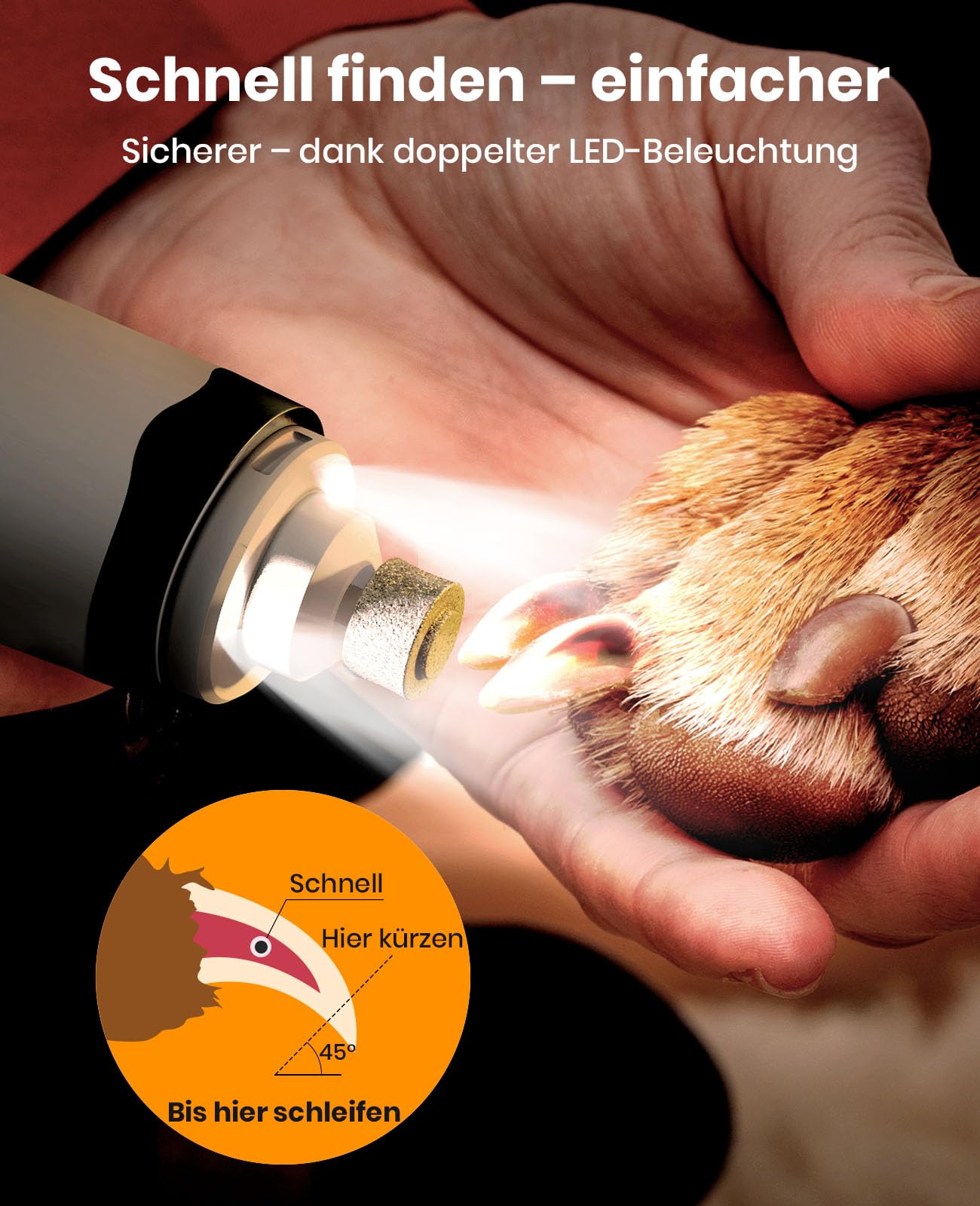 oneisall 2in1 Pfotentrimmer für Hunde + Krallenschleifer für Hunde | Leise 35dB, 2-LED-Leuchte, USB-C, 150 Minuten Laufzeit, 2 Drehzahlen (6500/7500 U/min), für Kleine und Mittelgroße Hunde
